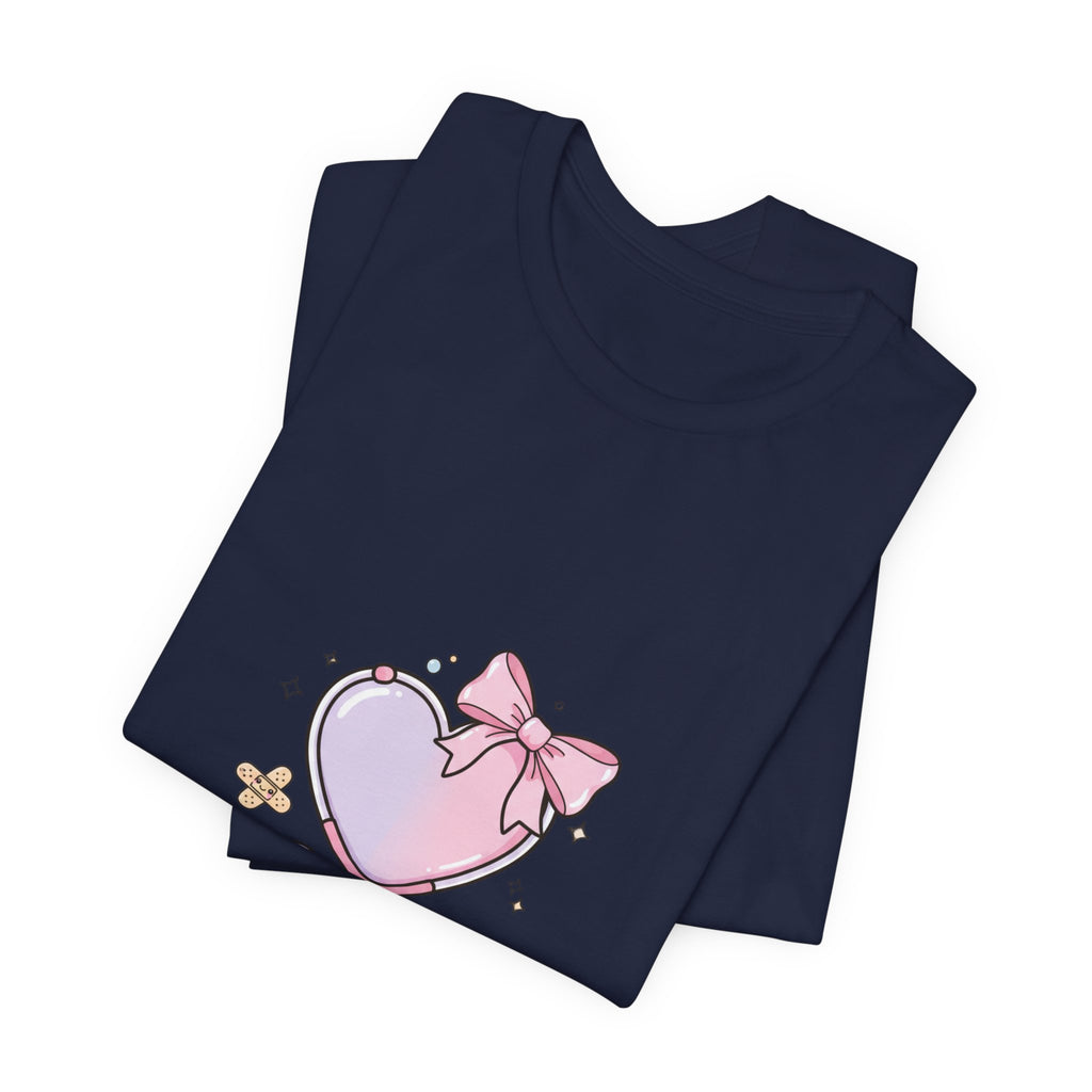Soft Heart Strong Care T-Shirt | cute nurse graphic, pastel coquette medical shirt Navy