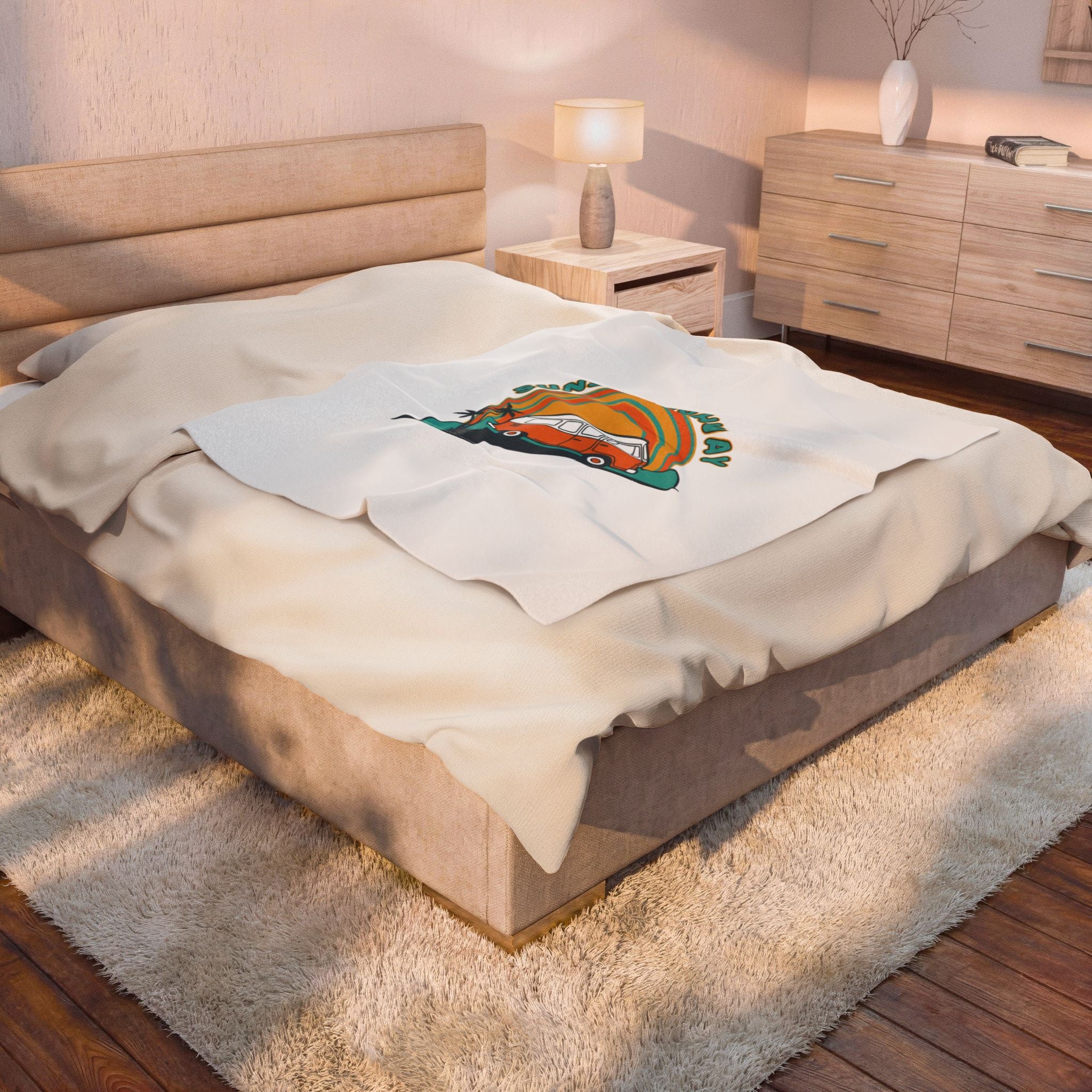Sunset Highway van graphic Velveteen Blanket | 70s sunset, retro surf postcard