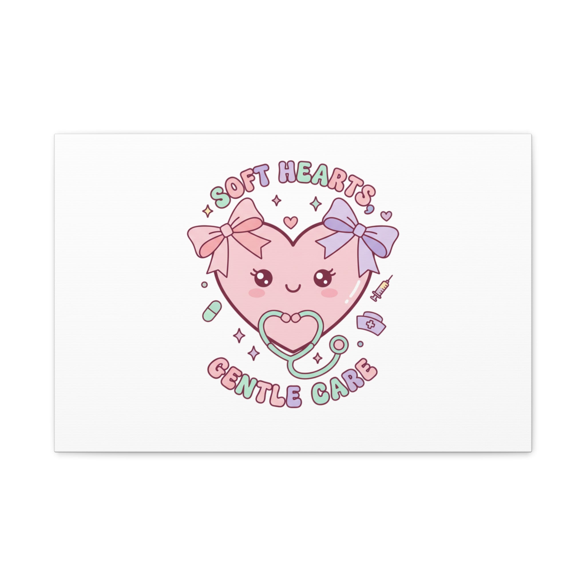 Soft Hearts Gentle Care Canvas, Cute Nurse Graphic | Pastel Coquette Medical Art 24″ x 16″ (Horizontal) 1.25"