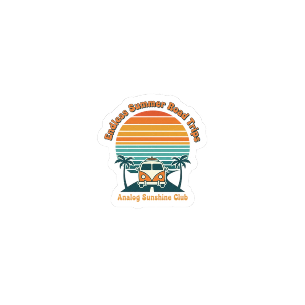 Retro VW Camper Sunset Sticker | 70s sunset, vintage palm postcard 2" × 2" White
