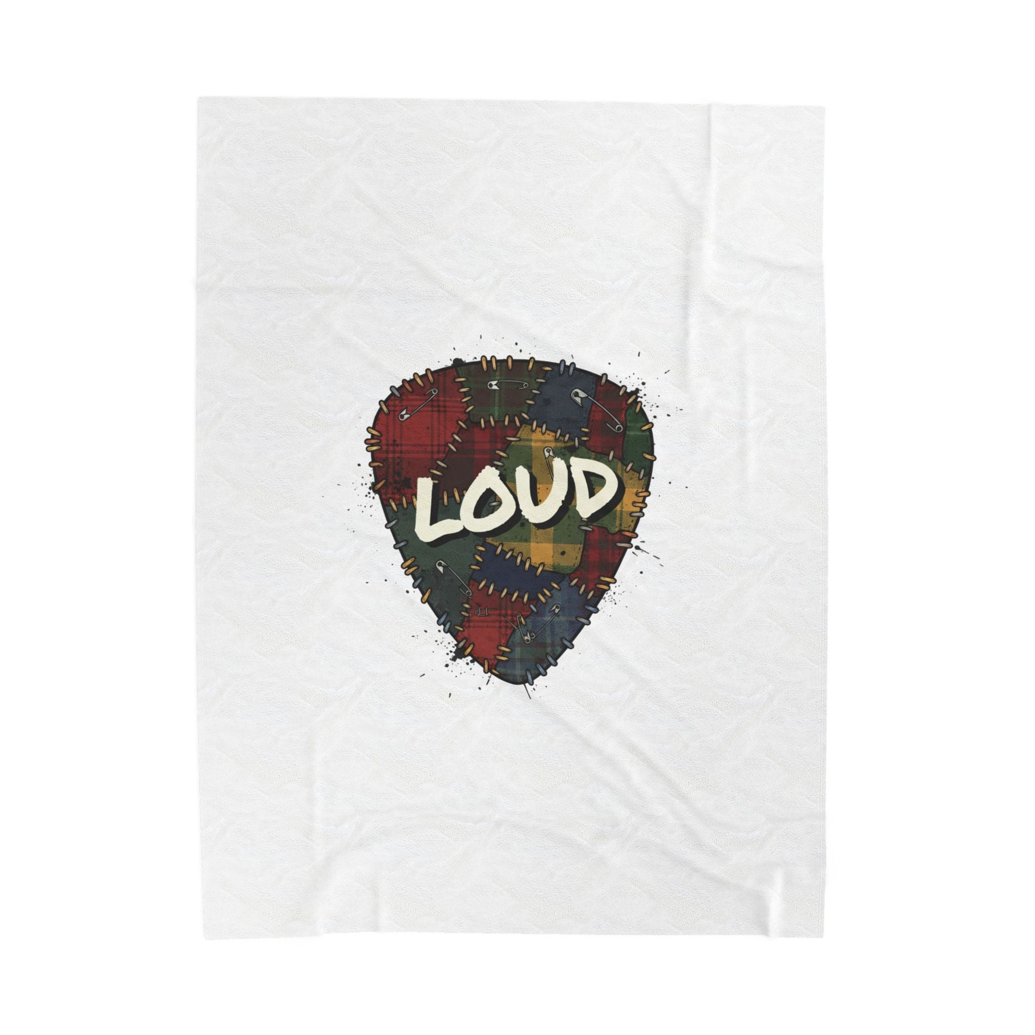 Plaid Patchwork 'Loud' Guitar Pick Velveteen Plush Blanket | Grunge Revival, 90s Flannel Aesthetic. 60" × 80"