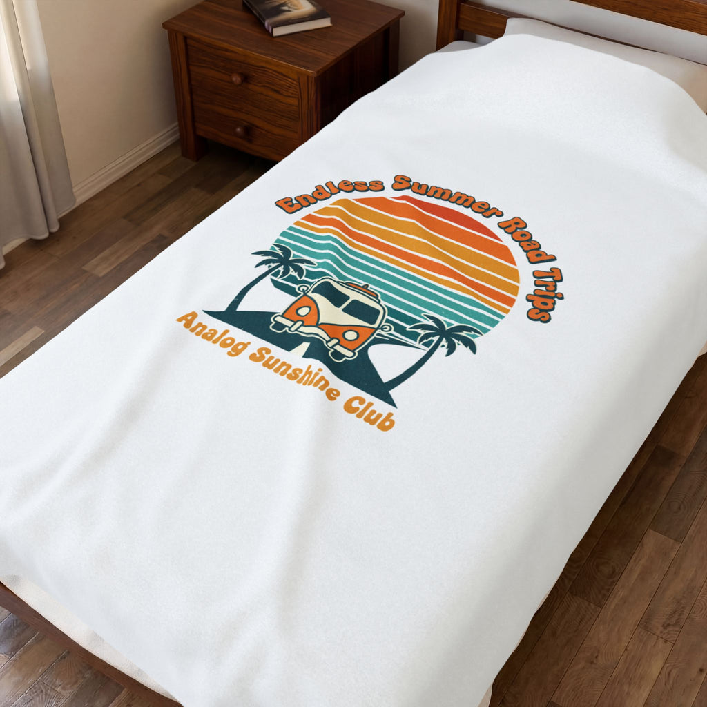 Retro 70s Sunset Surf Van Blanket | Analog Sunshine, Vintage Palm Postcard