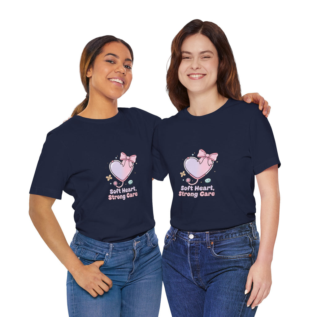 Soft Heart Strong Care T-Shirt | cute nurse graphic, pastel coquette medical shirt Navy
