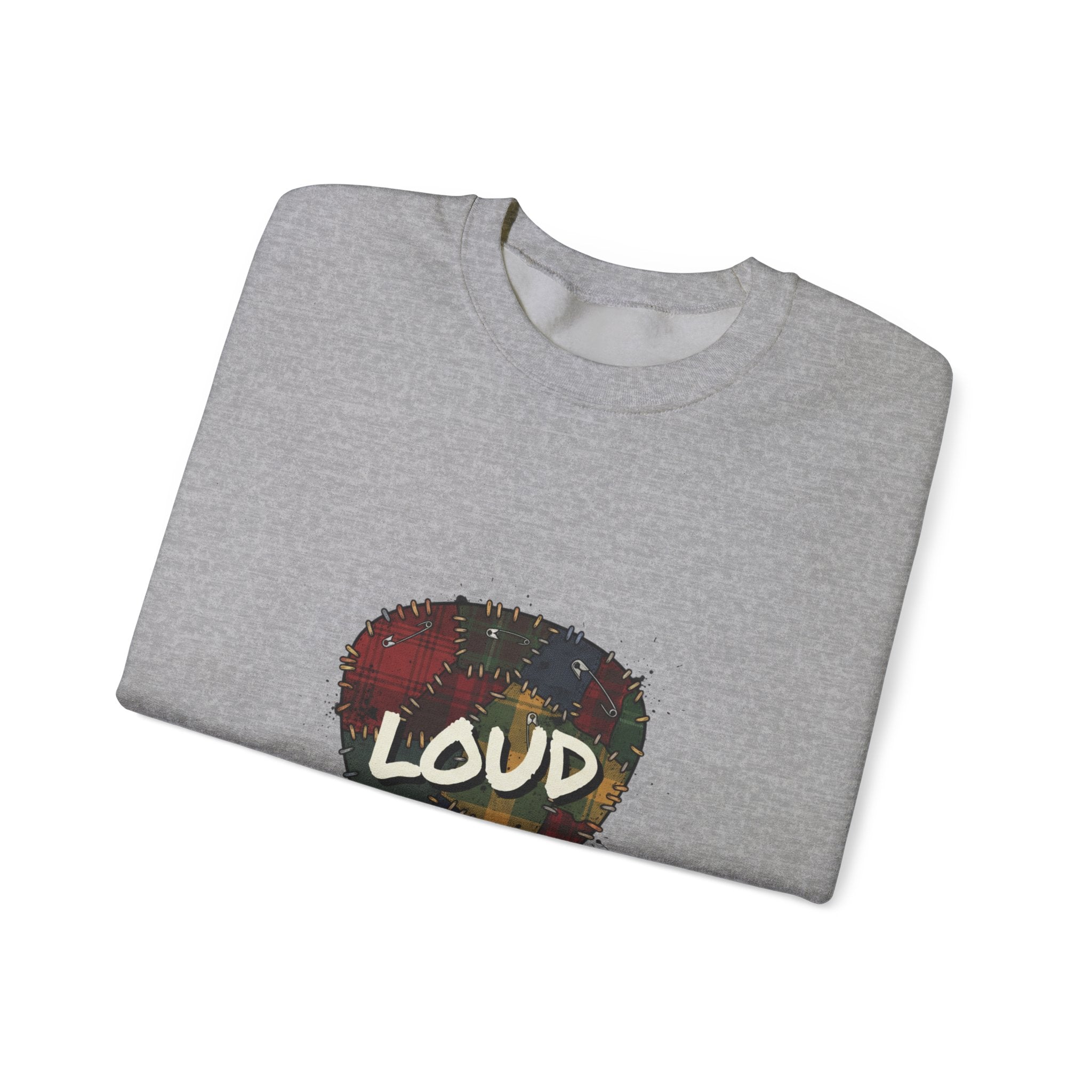 Loud Plaid Guitar Pick Crewneck Sweatshirt | Grunge Revival, 90s Flannel Aesthetic Navy