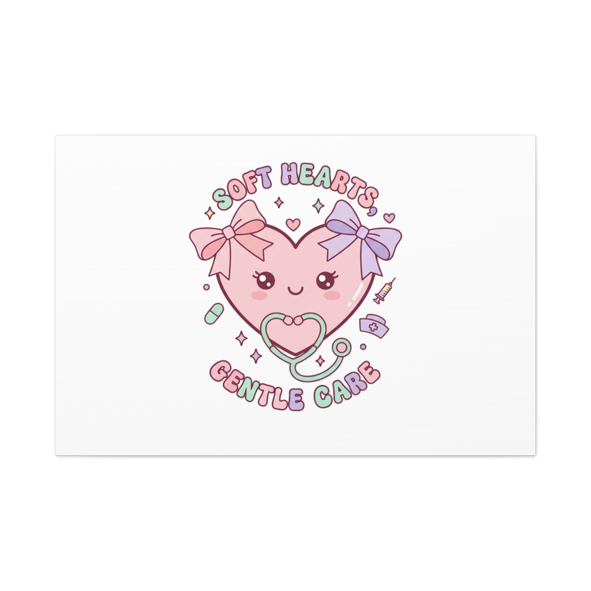 Soft Hearts Gentle Care Canvas, Cute Nurse Graphic | Pastel Coquette Medical Art 48″ x 32″ (Horizontal) 1.25"