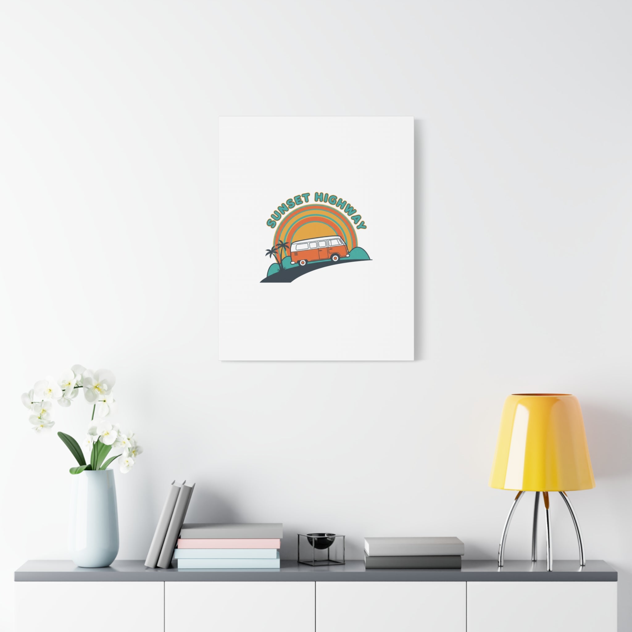 Sunset Highway Van Canvas | 1970s Retro Surf, Vintage Palm Poster 36" x 36" 1.25"