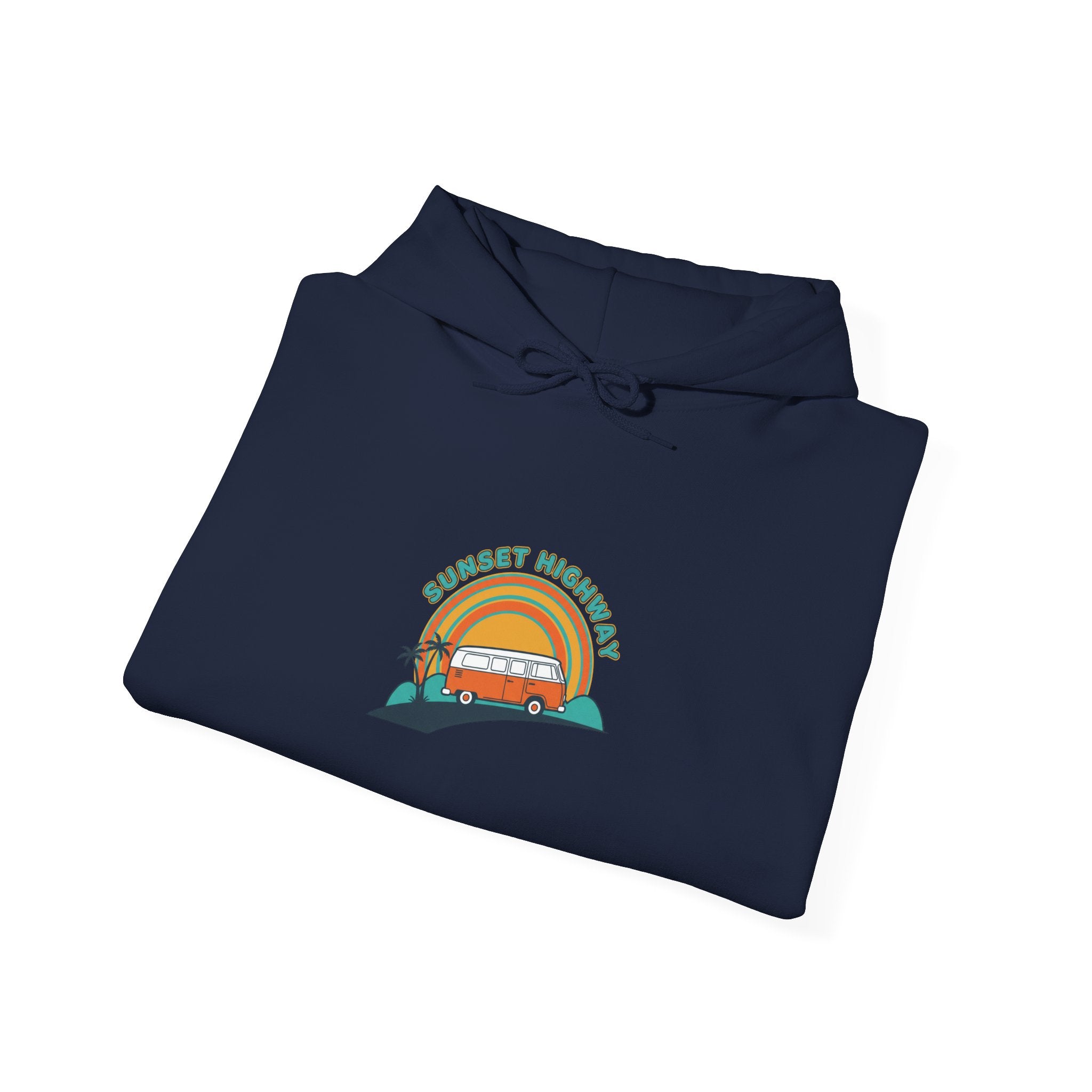 Retro 70s Sunset Surf Graphic Hoodie | Analog Sunshine, Vintage Palm Postcard Navy