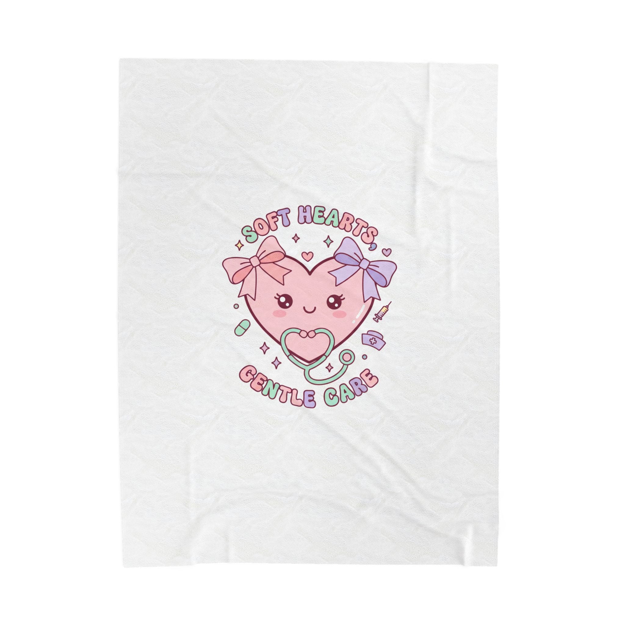 Soft Hearts Gentle Care Velveteen Plush Blanket | pastel kawaii nurse graphic, coquette medical 60" × 80"