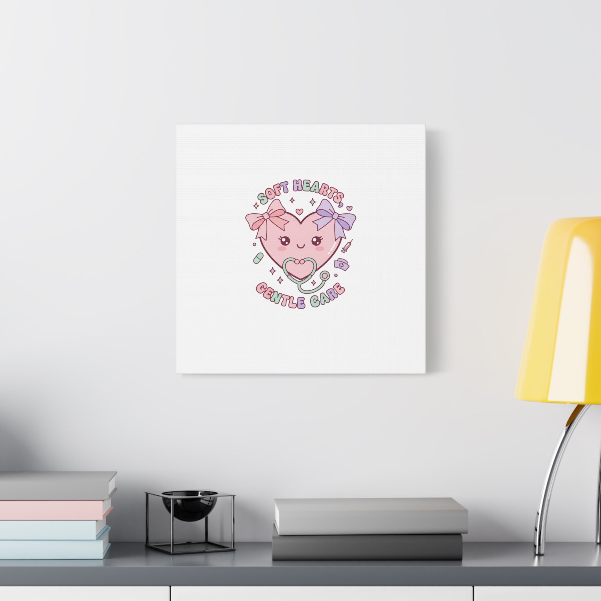Soft Hearts Gentle Care Canvas, Cute Nurse Graphic | Pastel Coquette Medical Art 36" x 36" 1.25"