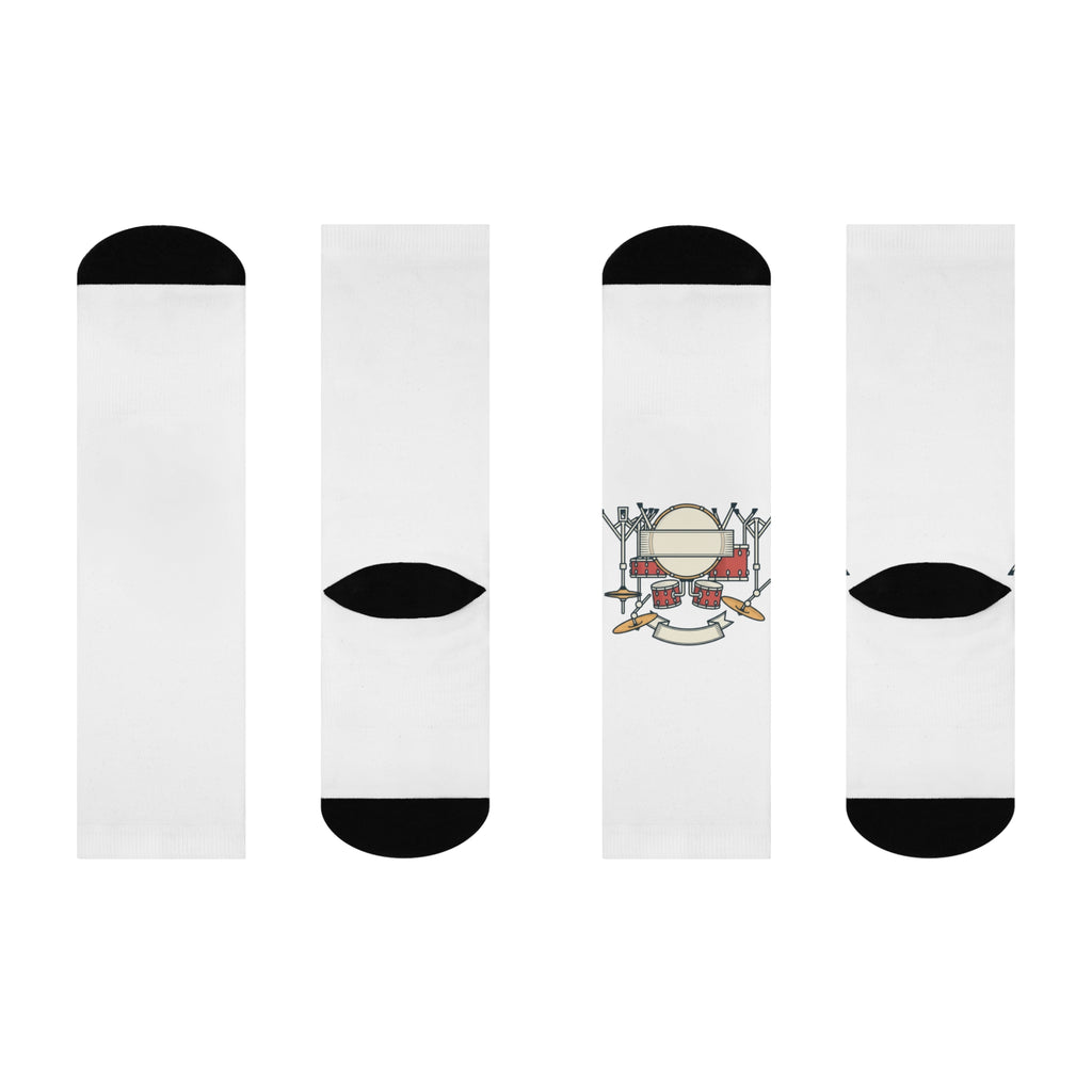 Drum Set Illustration Cushioned Crew Socks | Musician Band Socks White One size 3 4 Crew