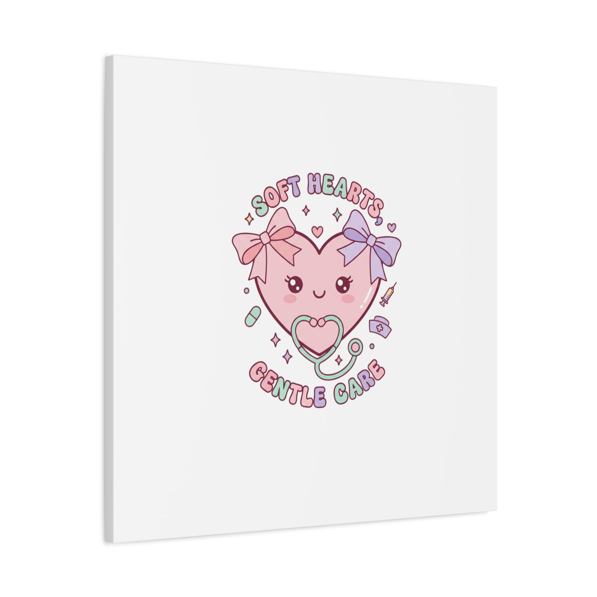 Soft Hearts Gentle Care Canvas, Cute Nurse Graphic | Pastel Coquette Medical Art 36" x 36" 1.25"