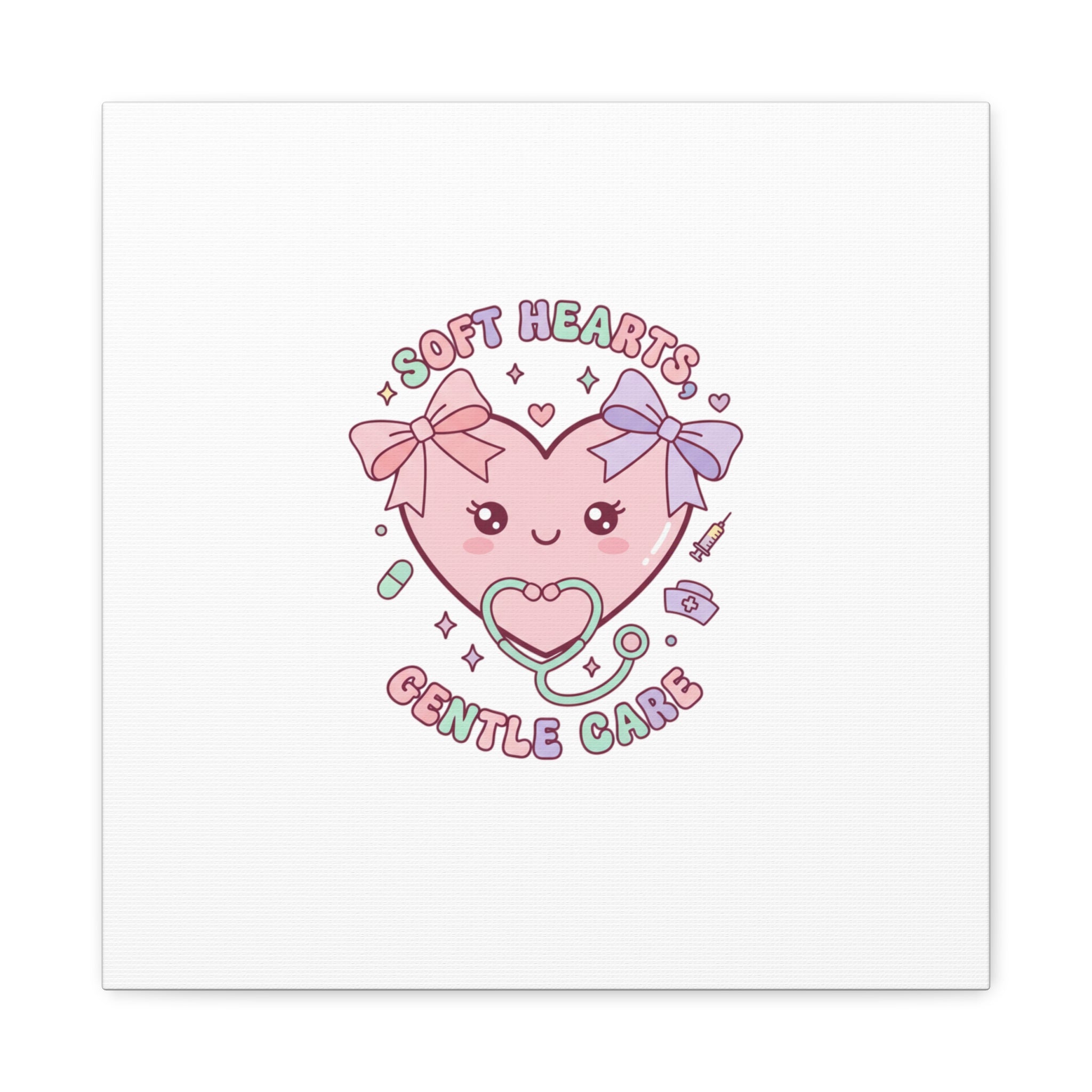 Soft Hearts Gentle Care Canvas, Cute Nurse Graphic | Pastel Coquette Medical Art 16″ x 16″ 1.25"