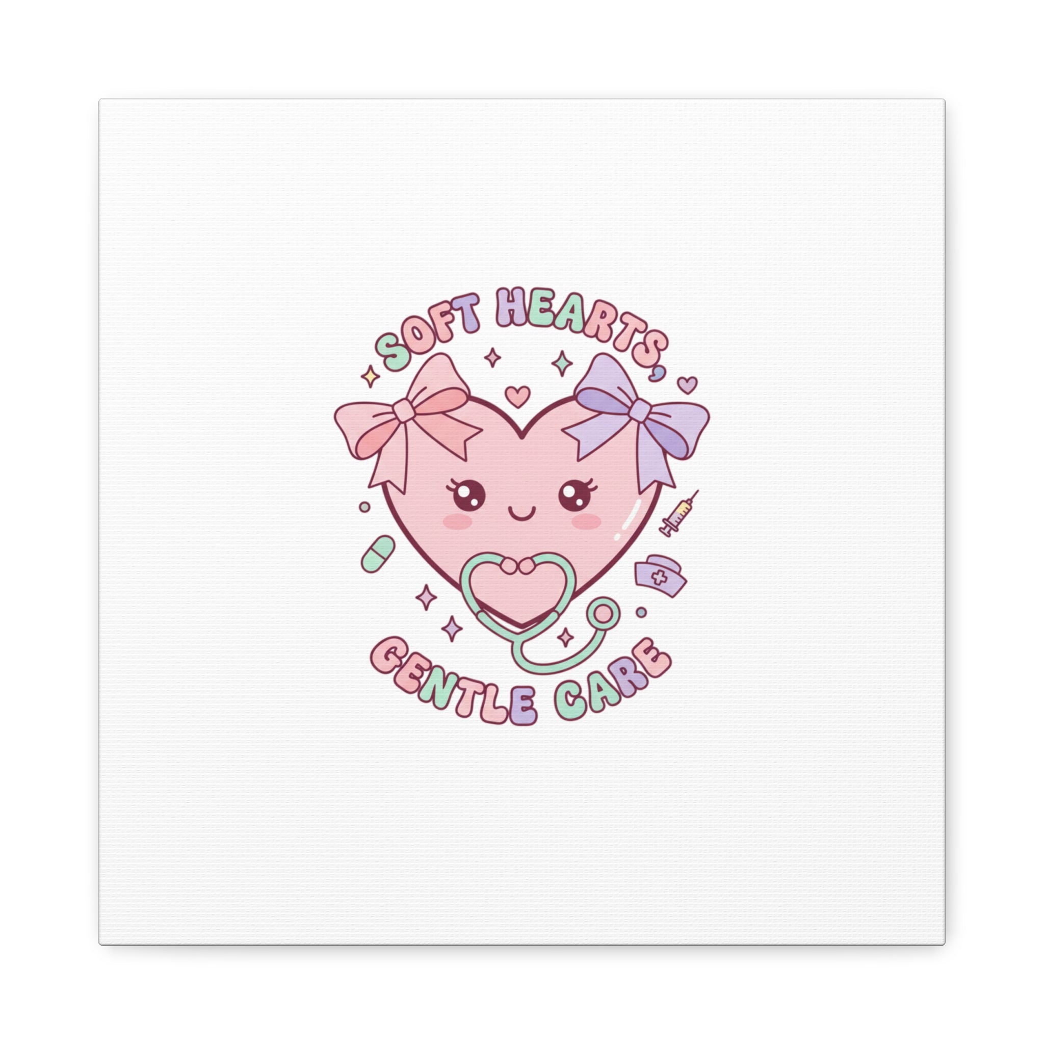 Soft Hearts Gentle Care Canvas, Cute Nurse Graphic | Pastel Coquette Medical Art 14" x 14" 1.25"