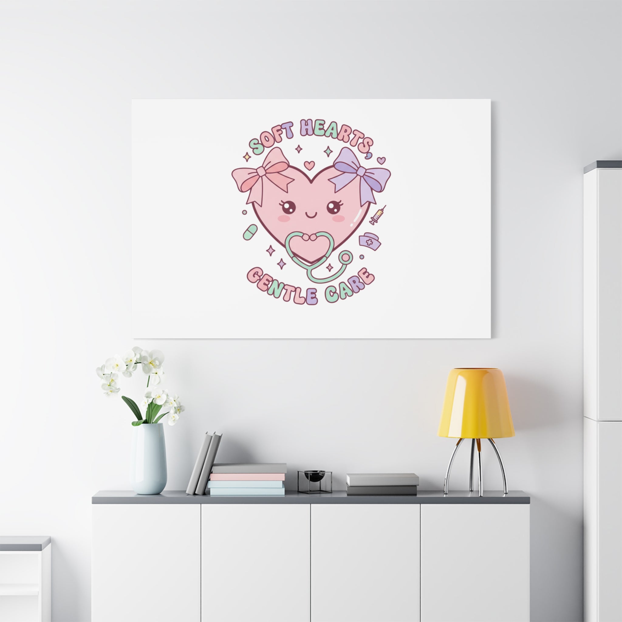 Soft Hearts Gentle Care Canvas, Cute Nurse Graphic | Pastel Coquette Medical Art 36" x 36" 1.25"