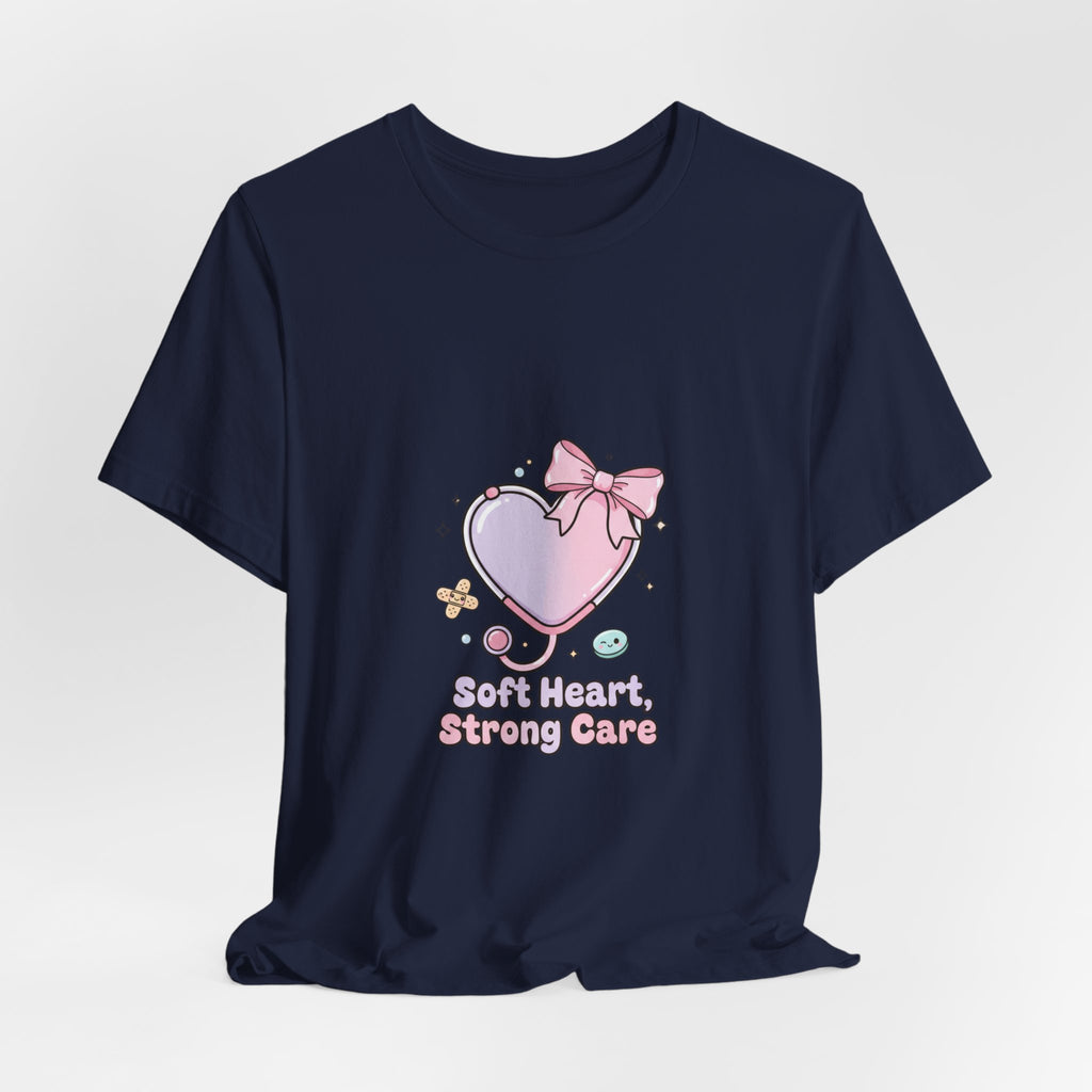 Soft Heart Strong Care T-Shirt | cute nurse graphic, pastel coquette medical shirt Navy