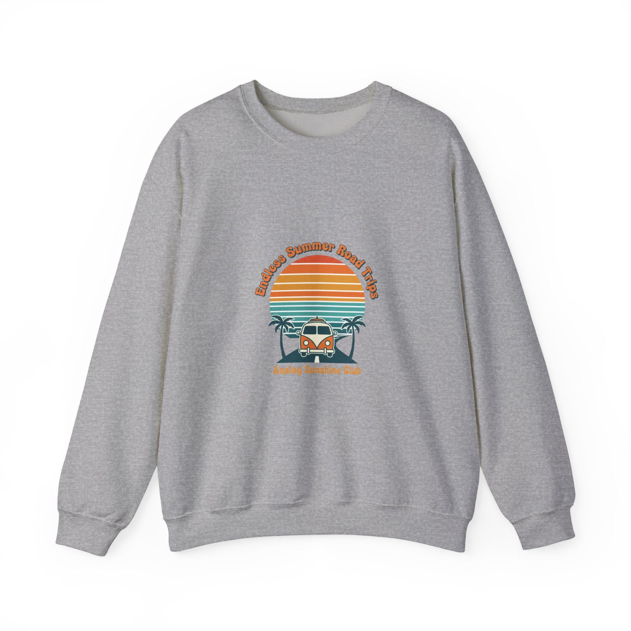 Vintage 70s Sunset Camper Crewneck Sweatshirt | Retro Surf Graphic, Golden Hour Postcard Sport Grey
