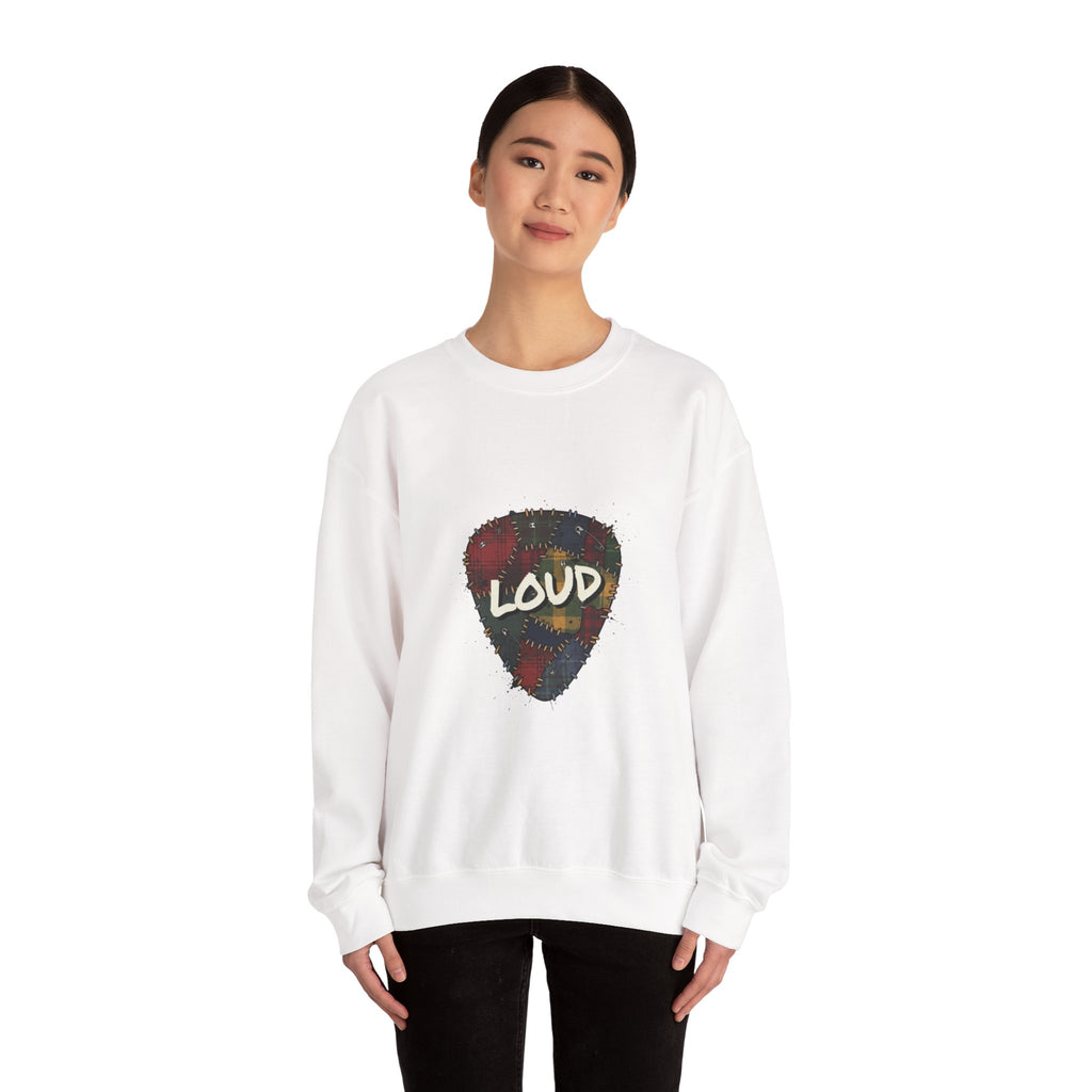 Loud Plaid Guitar Pick Crewneck Sweatshirt | Grunge Revival, 90s Flannel Aesthetic Navy