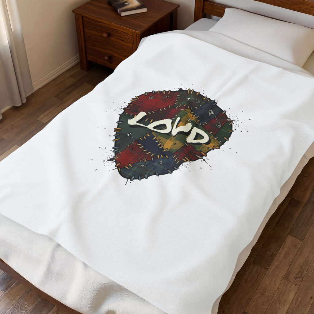Plaid Patchwork 'Loud' Guitar Pick Velveteen Plush Blanket | Grunge Revival, 90s Flannel Aesthetic. 30" × 40"