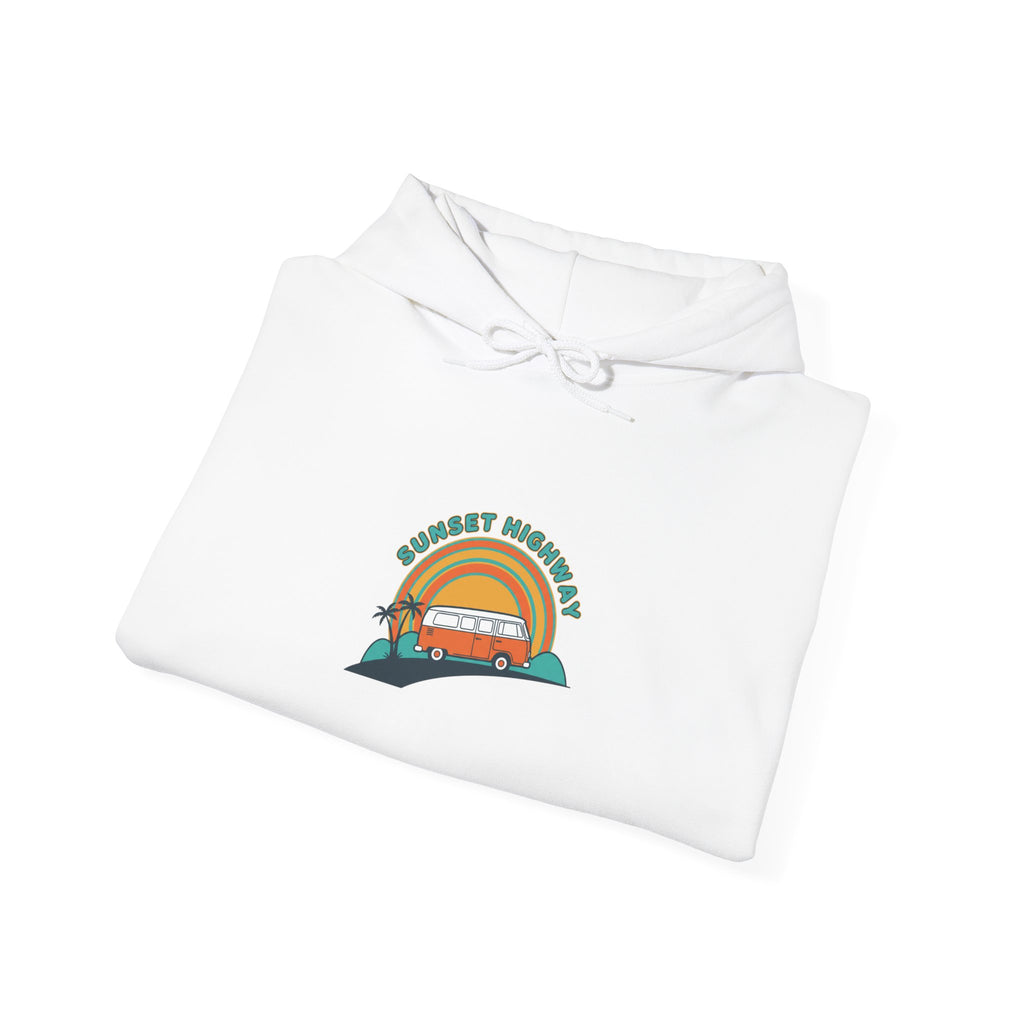 Retro 70s Sunset Surf Graphic Hoodie | Analog Sunshine, Vintage Palm Postcard Navy