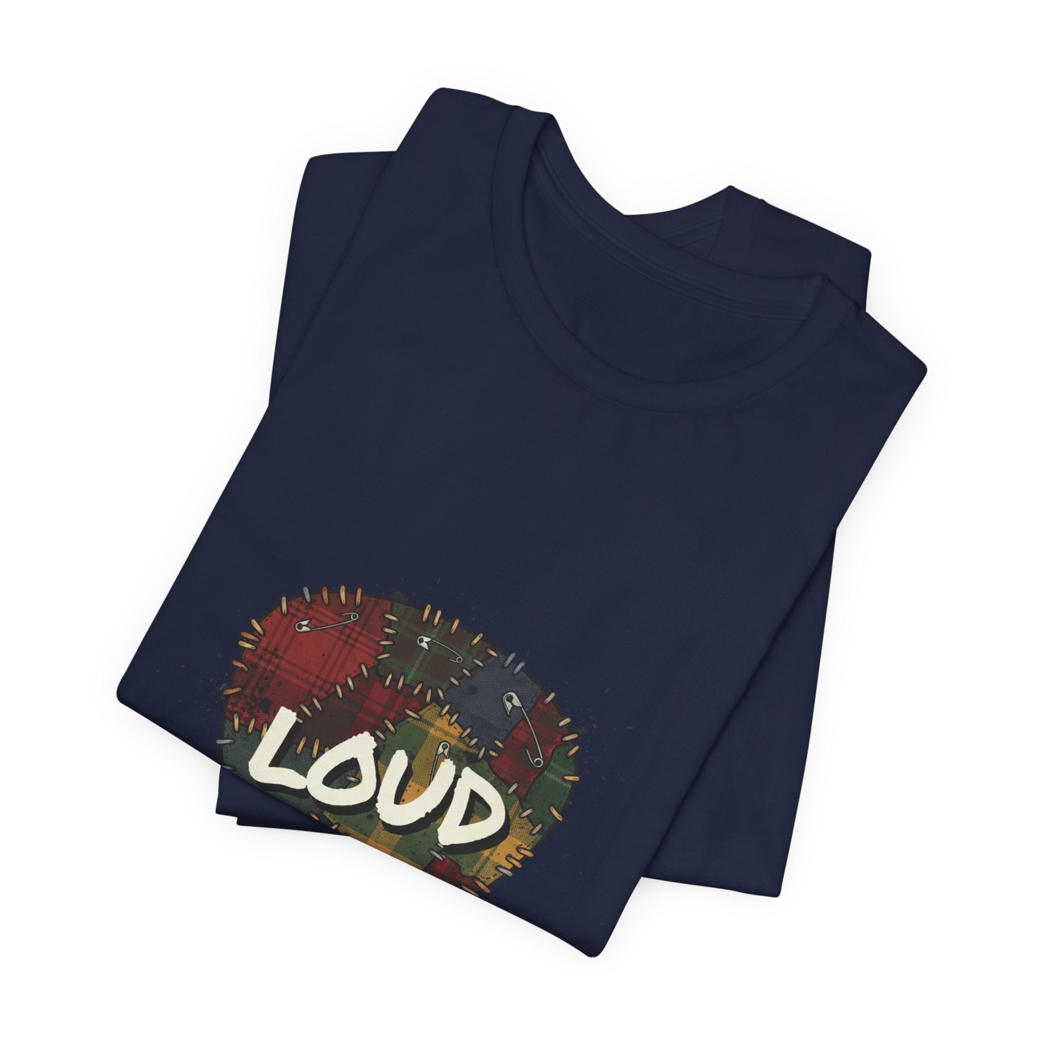 Loud Plaid Patchwork Guitar Pick Tee | Grunge Shirt, 90s Rock Revival Navy