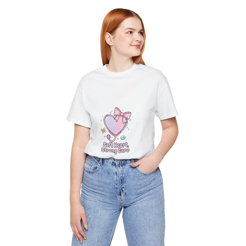 Soft Heart Strong Care T-Shirt | cute nurse graphic, pastel coquette medical shirt Navy