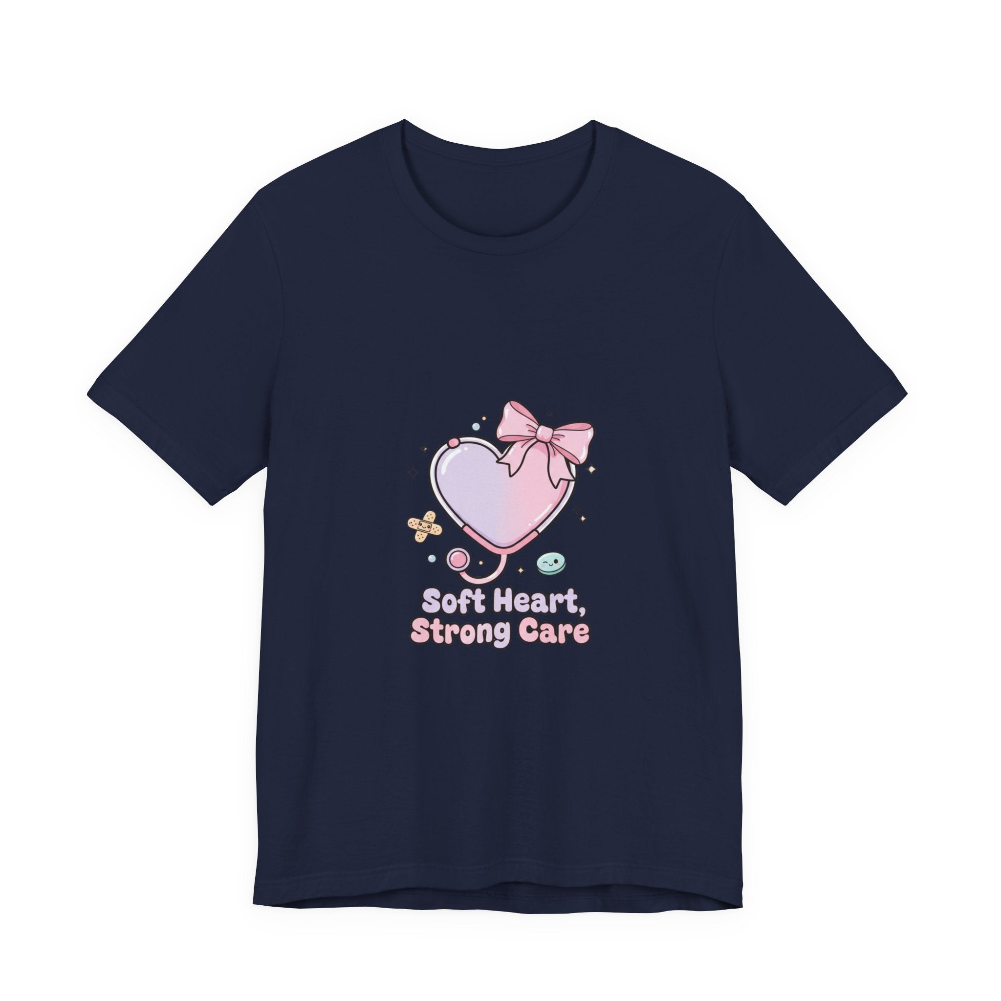 Soft Heart Strong Care T-Shirt | cute nurse graphic, pastel coquette medical shirt Navy