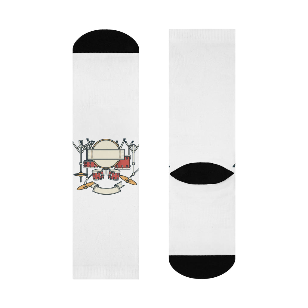 Drum Set Illustration Cushioned Crew Socks | Musician Band Socks White One size 3 4 Crew