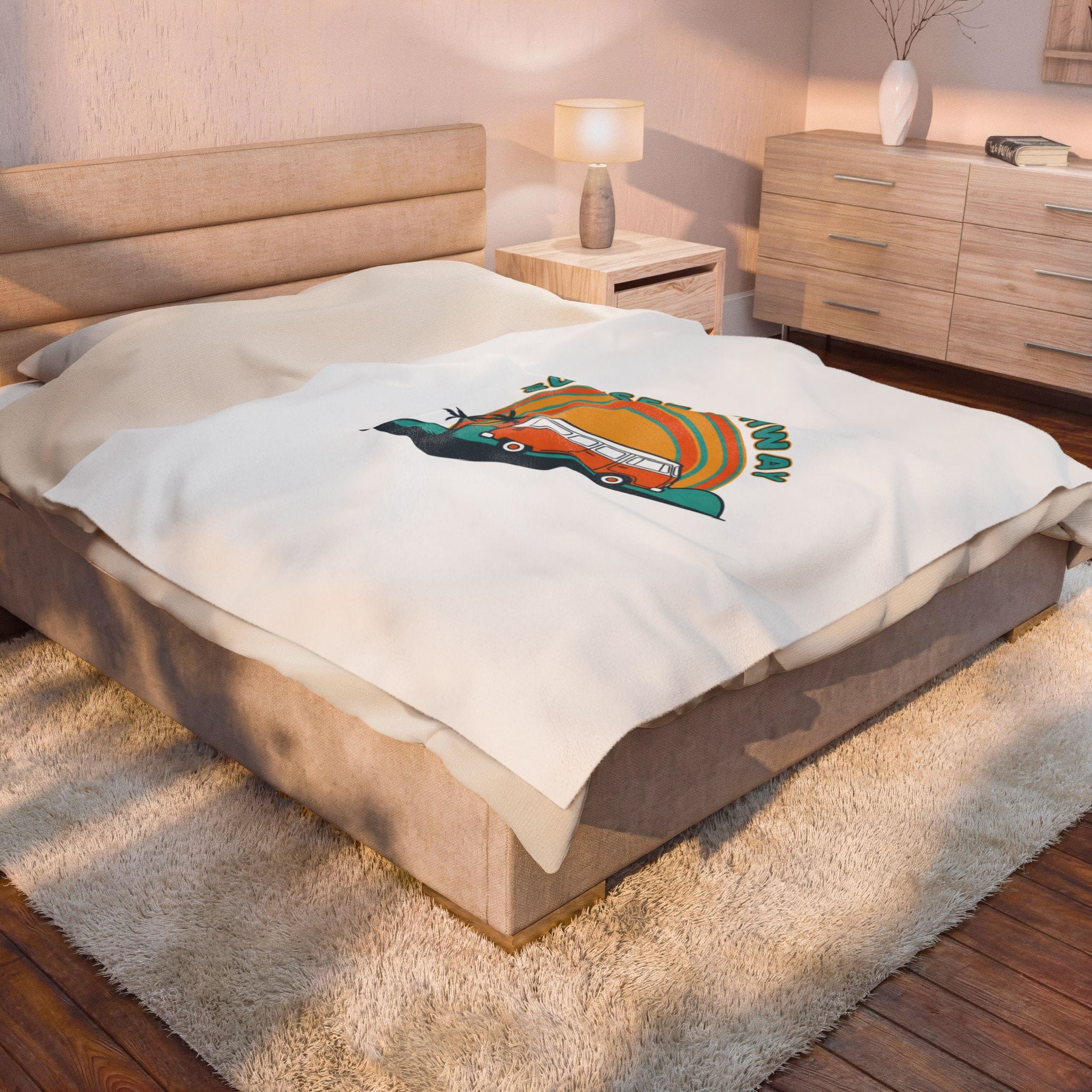 Sunset Highway van graphic Velveteen Blanket | 70s sunset, retro surf postcard