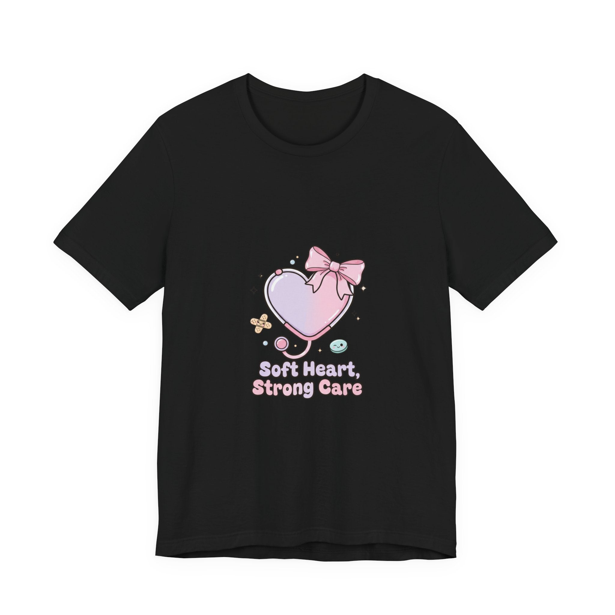 Soft Heart Strong Care T-Shirt | cute nurse graphic, pastel coquette medical shirt Black