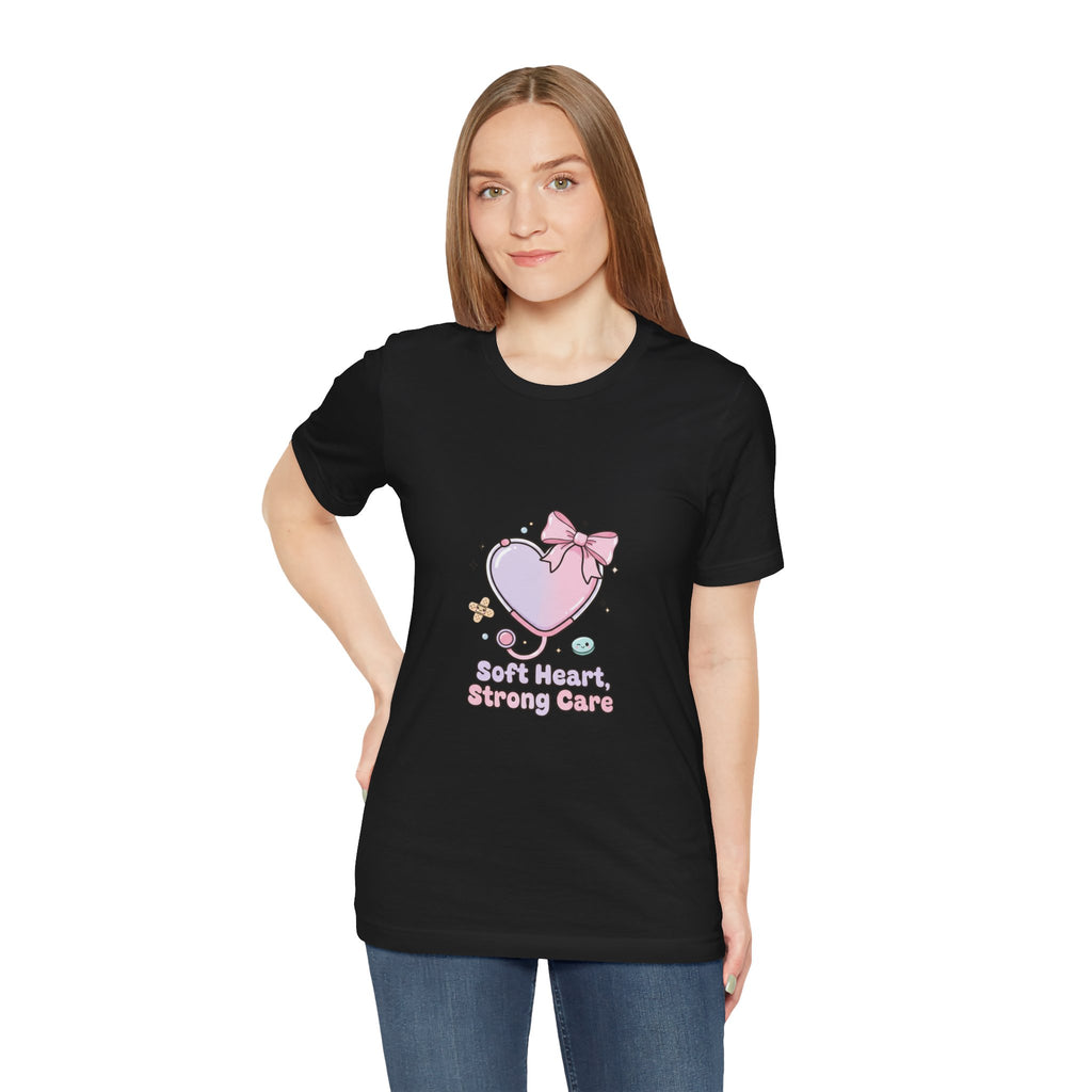 Soft Heart Strong Care T-Shirt | cute nurse graphic, pastel coquette medical shirt Navy