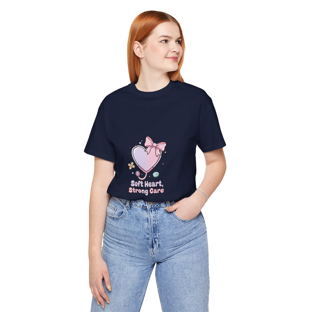 Soft Heart Strong Care T-Shirt | cute nurse graphic, pastel coquette medical shirt Navy