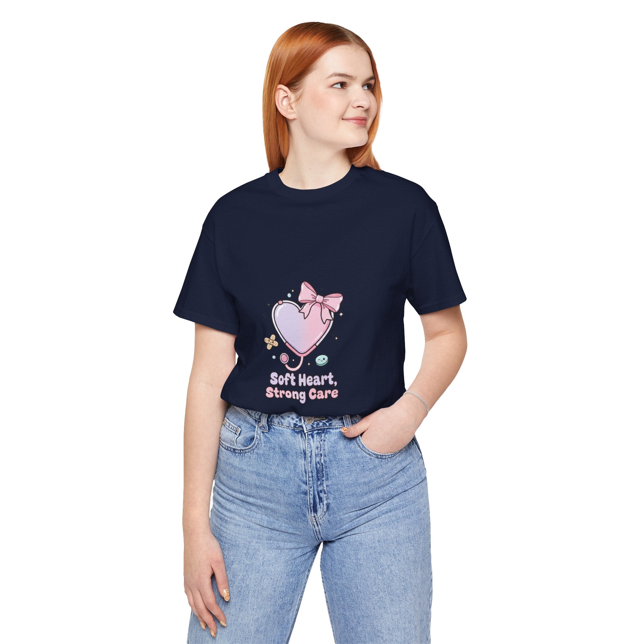 Soft Heart Strong Care T-Shirt | cute nurse graphic, pastel coquette medical shirt Navy