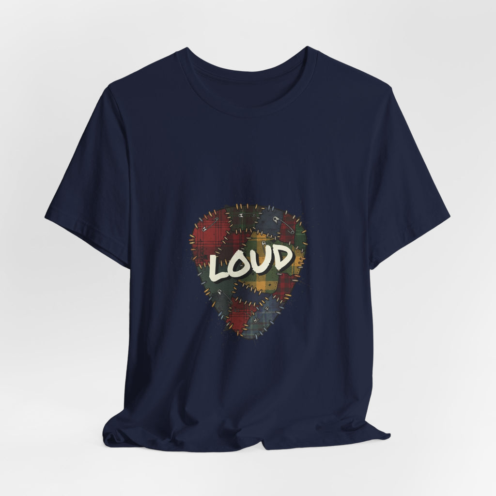 Loud Plaid Patchwork Guitar Pick Tee | Grunge Shirt, 90s Rock Revival Navy
