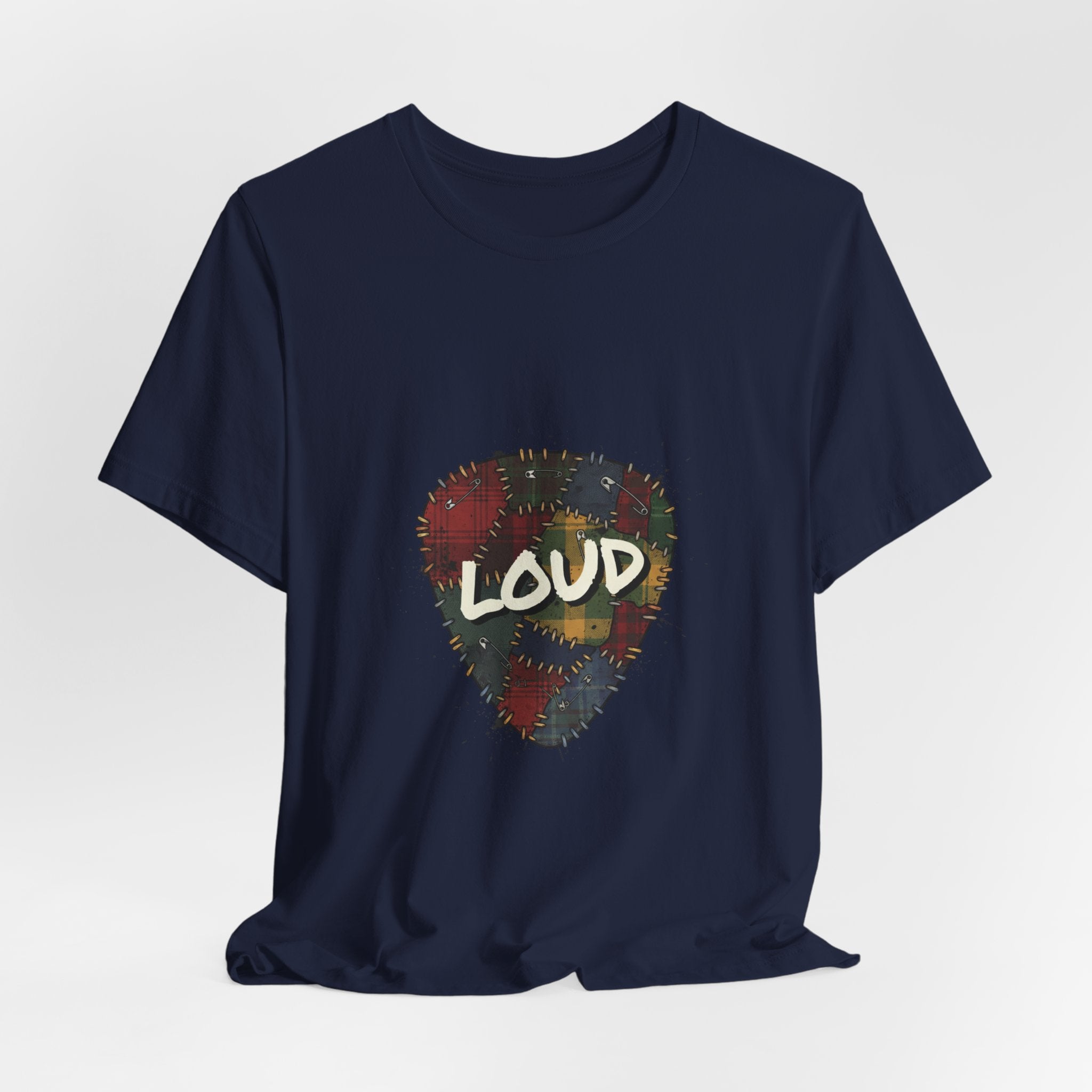 Loud Plaid Patchwork Guitar Pick Tee | Grunge Shirt, 90s Rock Revival Navy