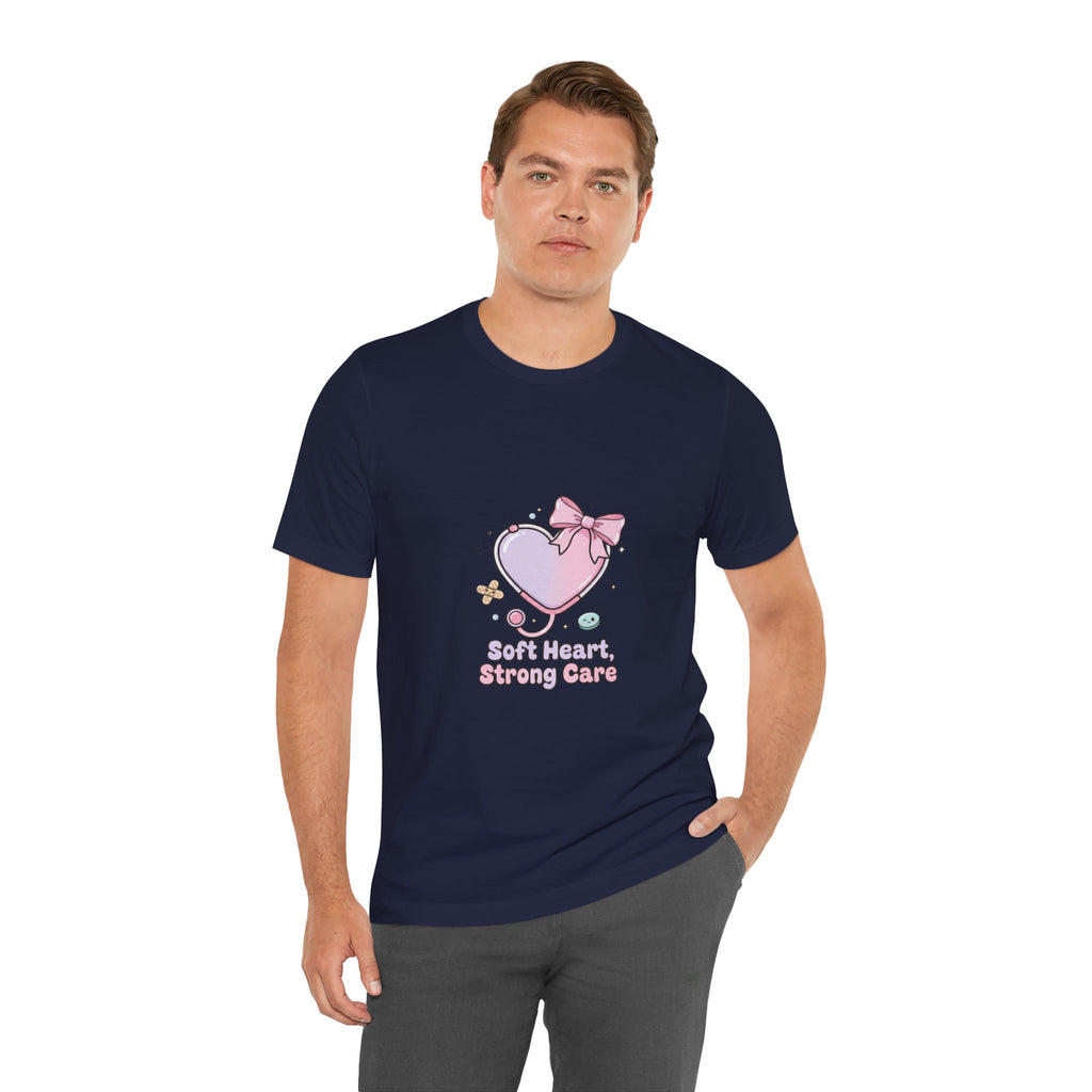 Soft Heart Strong Care T-Shirt | cute nurse graphic, pastel coquette medical shirt Navy