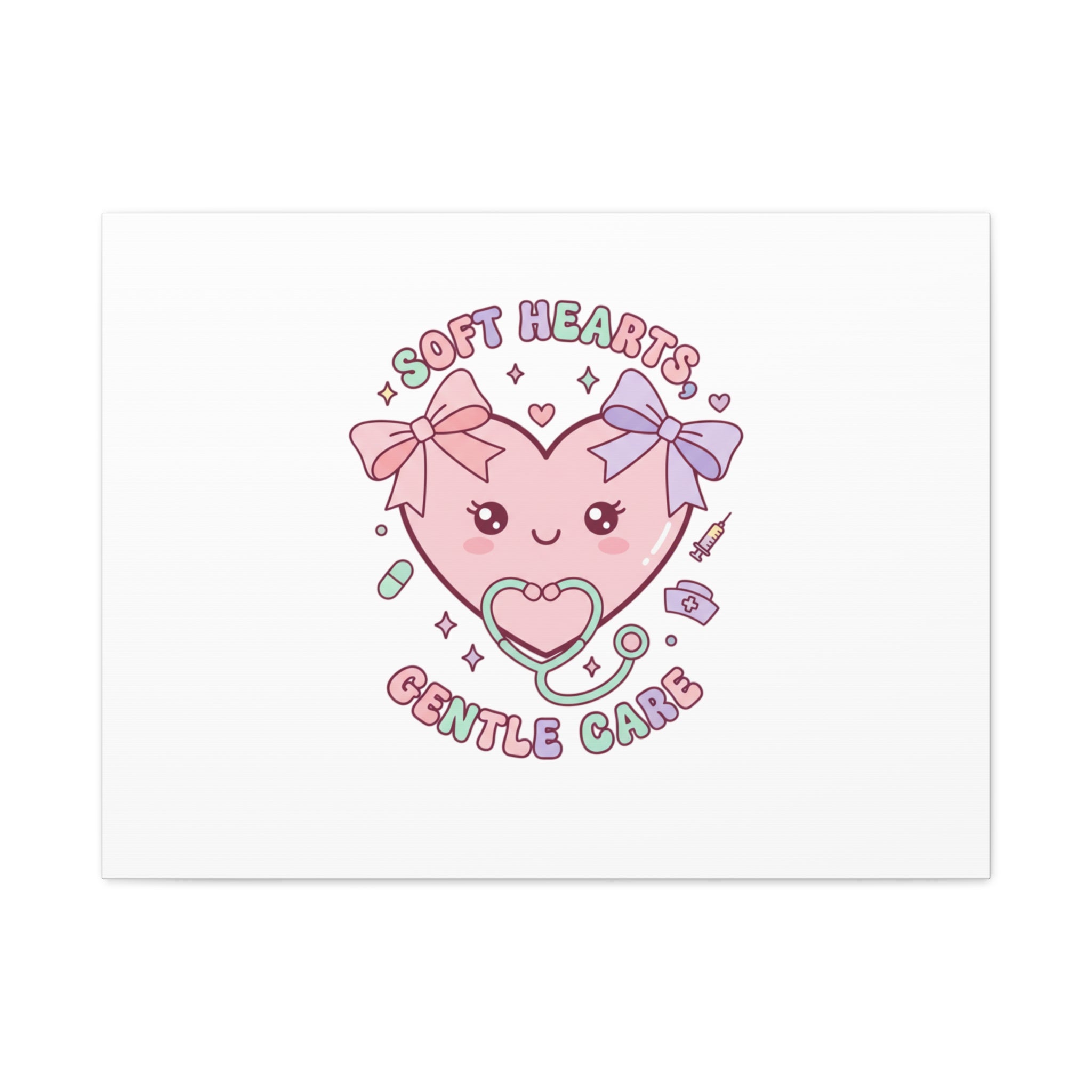 Soft Hearts Gentle Care Canvas, Cute Nurse Graphic | Pastel Coquette Medical Art 32" x 24" (Horizontal) 1.25"