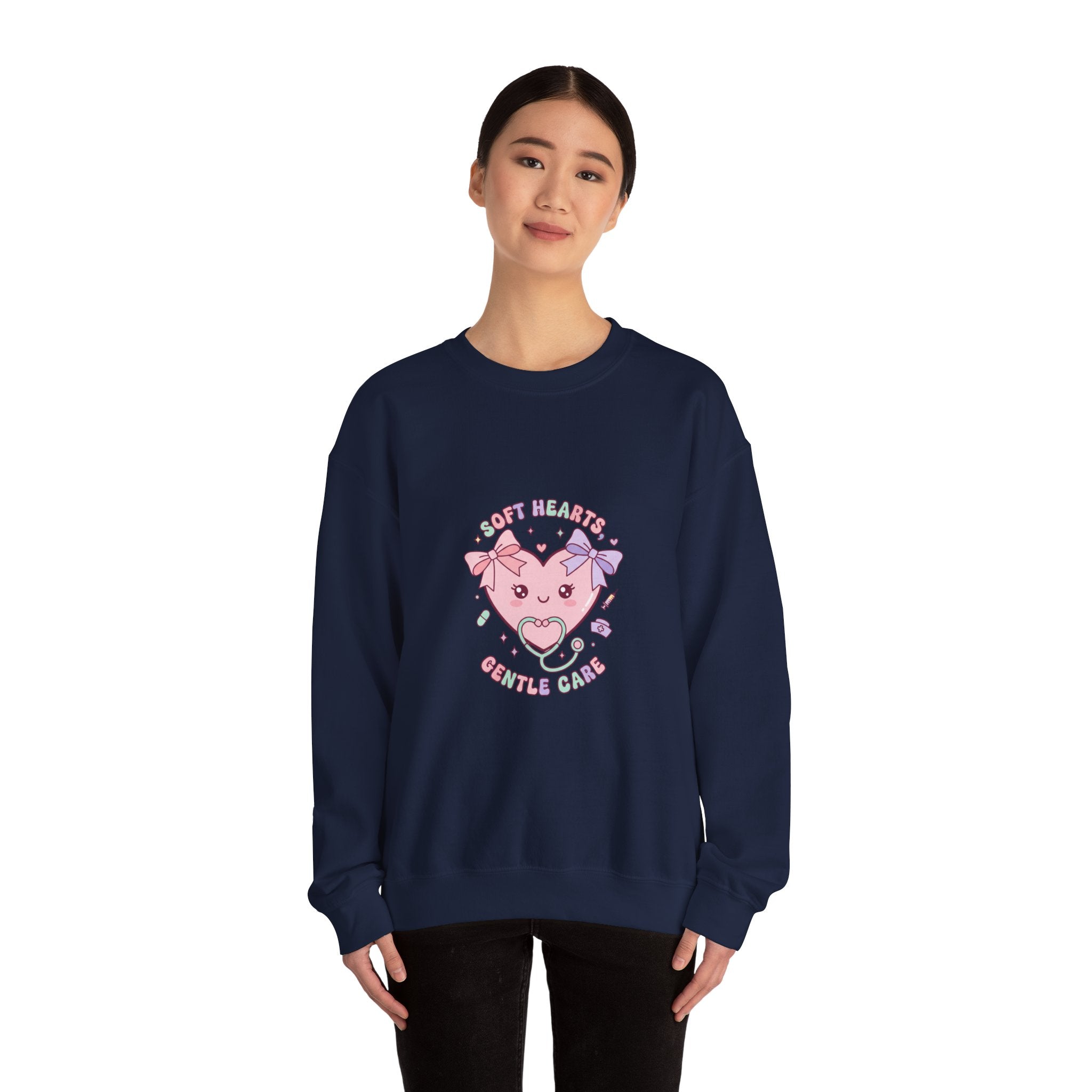 Cute Nurse Heart Crewneck Sweatshirt | pastel coquette medical, kawaii nurse graphic Navy