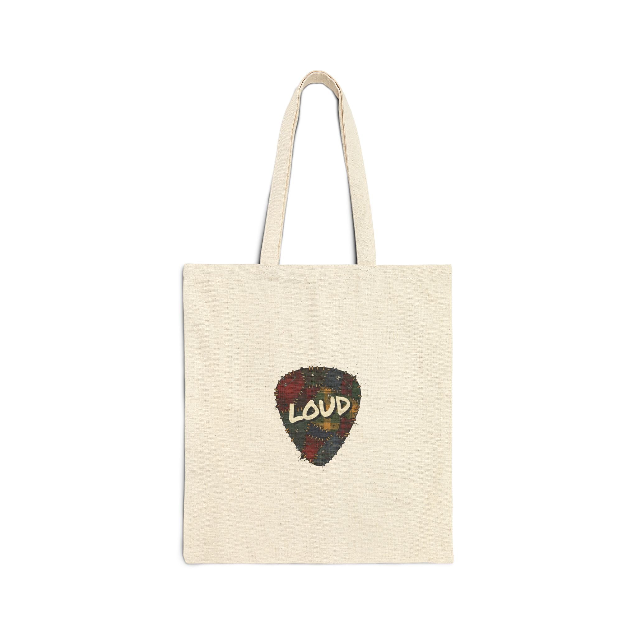 Loud Guitar Pick Tote, Grunge Plaid Patchwork Tote | 90s Rock Revival Natural 15" x 16"