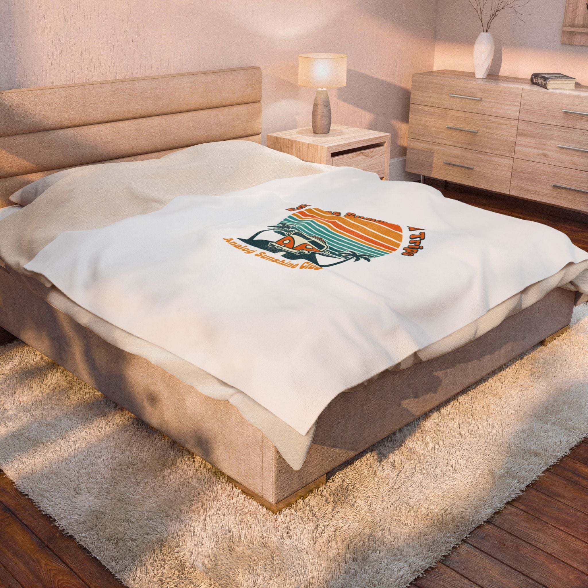Retro 70s Sunset Surf Van Blanket | Analog Sunshine, Vintage Palm Postcard