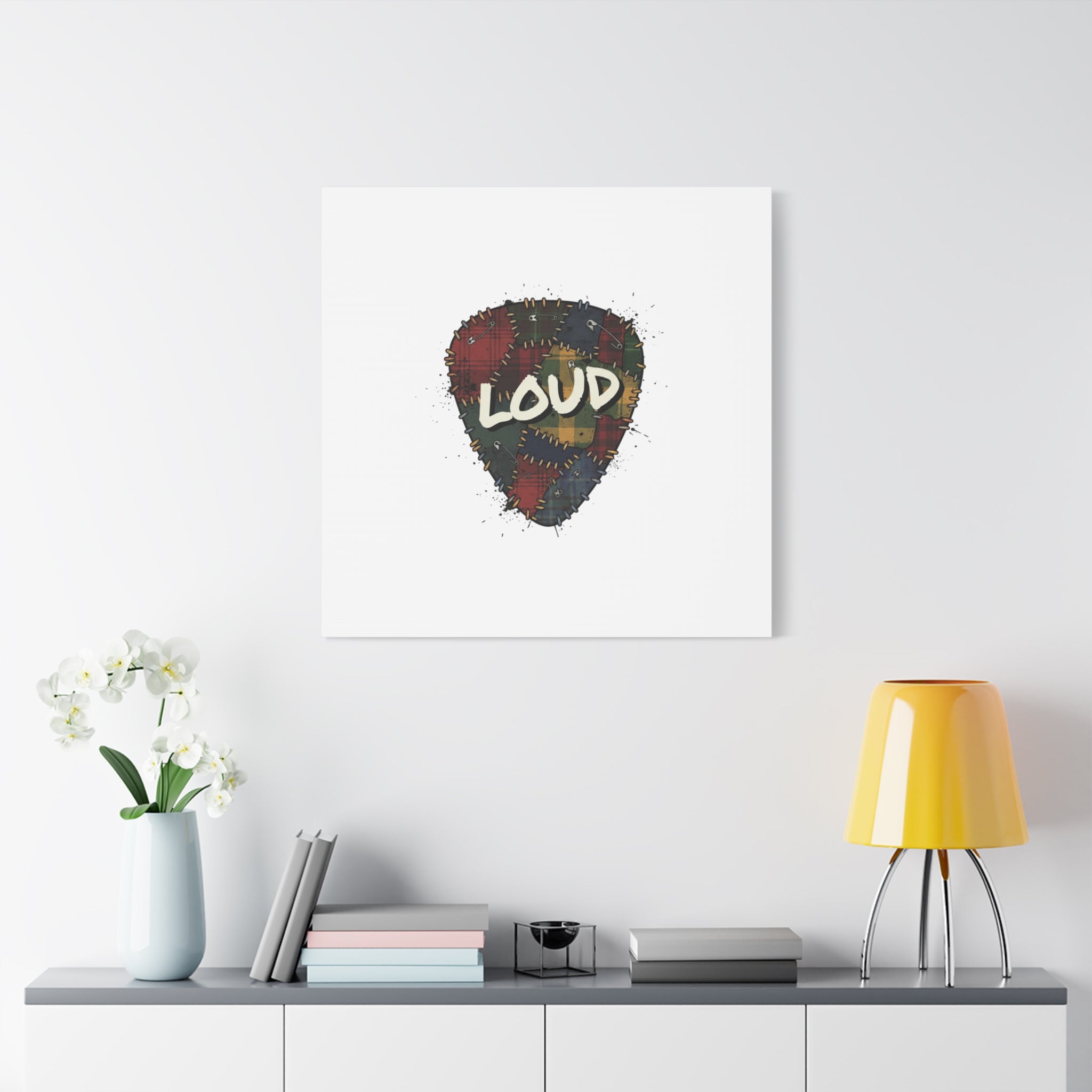 Plaid Patchwork Guitar Pick Canvas, Grunge Revival, 90s Rock Plaid Aesthetic 36" x 36" 1.25"