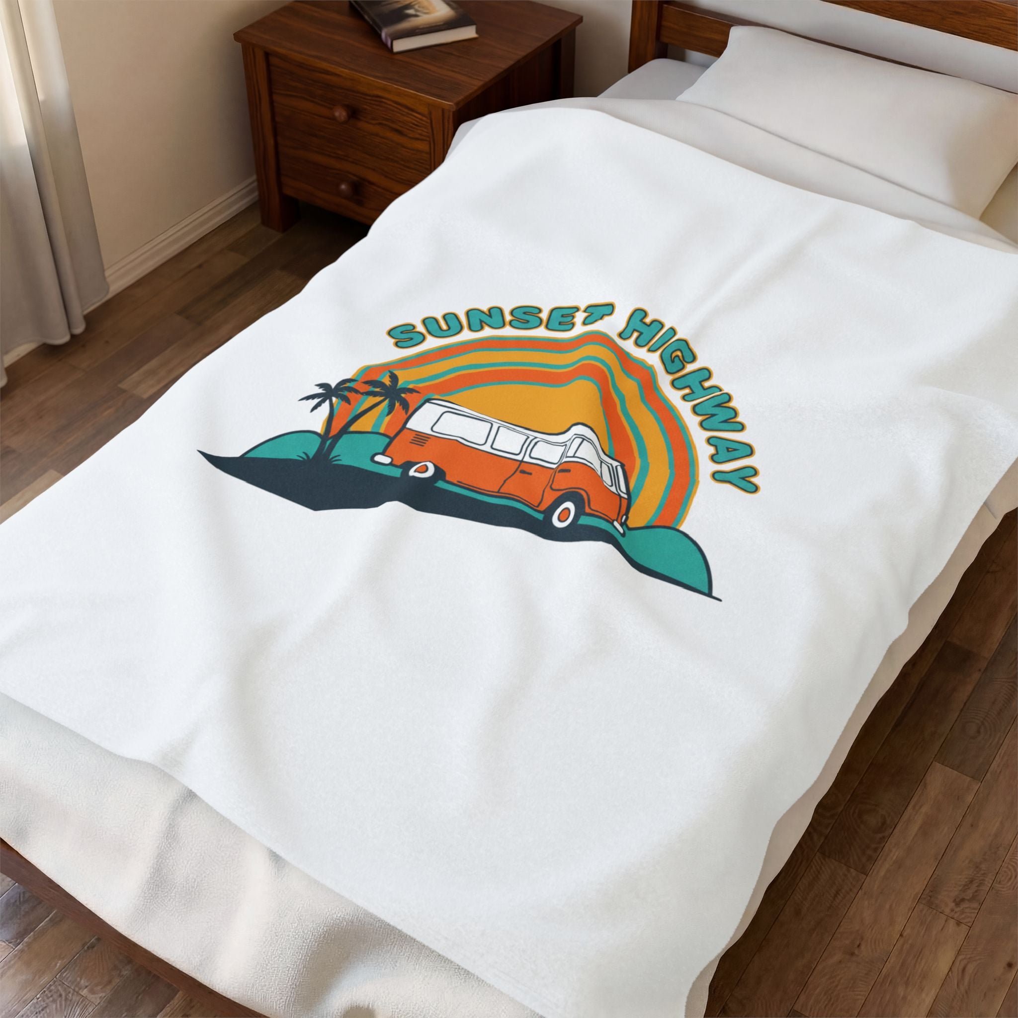 Sunset Highway van graphic Velveteen Blanket | 70s sunset, retro surf postcard