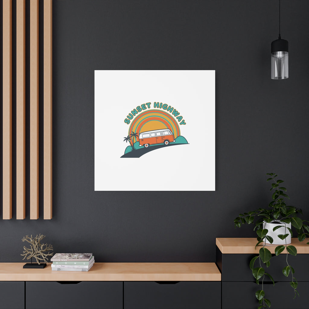 Sunset Highway Van Canvas | 1970s Retro Surf, Vintage Palm Poster 36" x 36" 1.25"