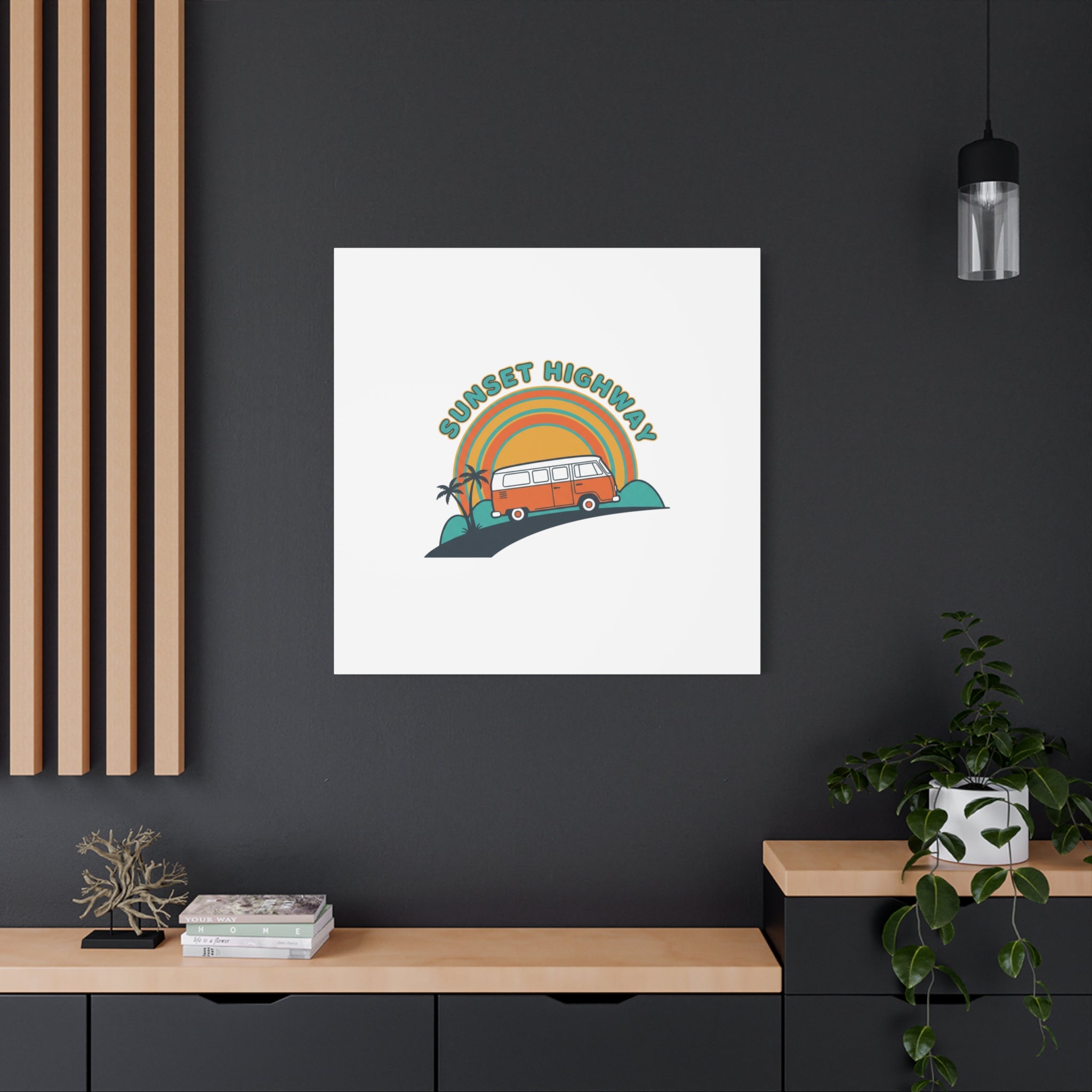Sunset Highway Van Canvas | 1970s Retro Surf, Vintage Palm Poster 36" x 36" 1.25"