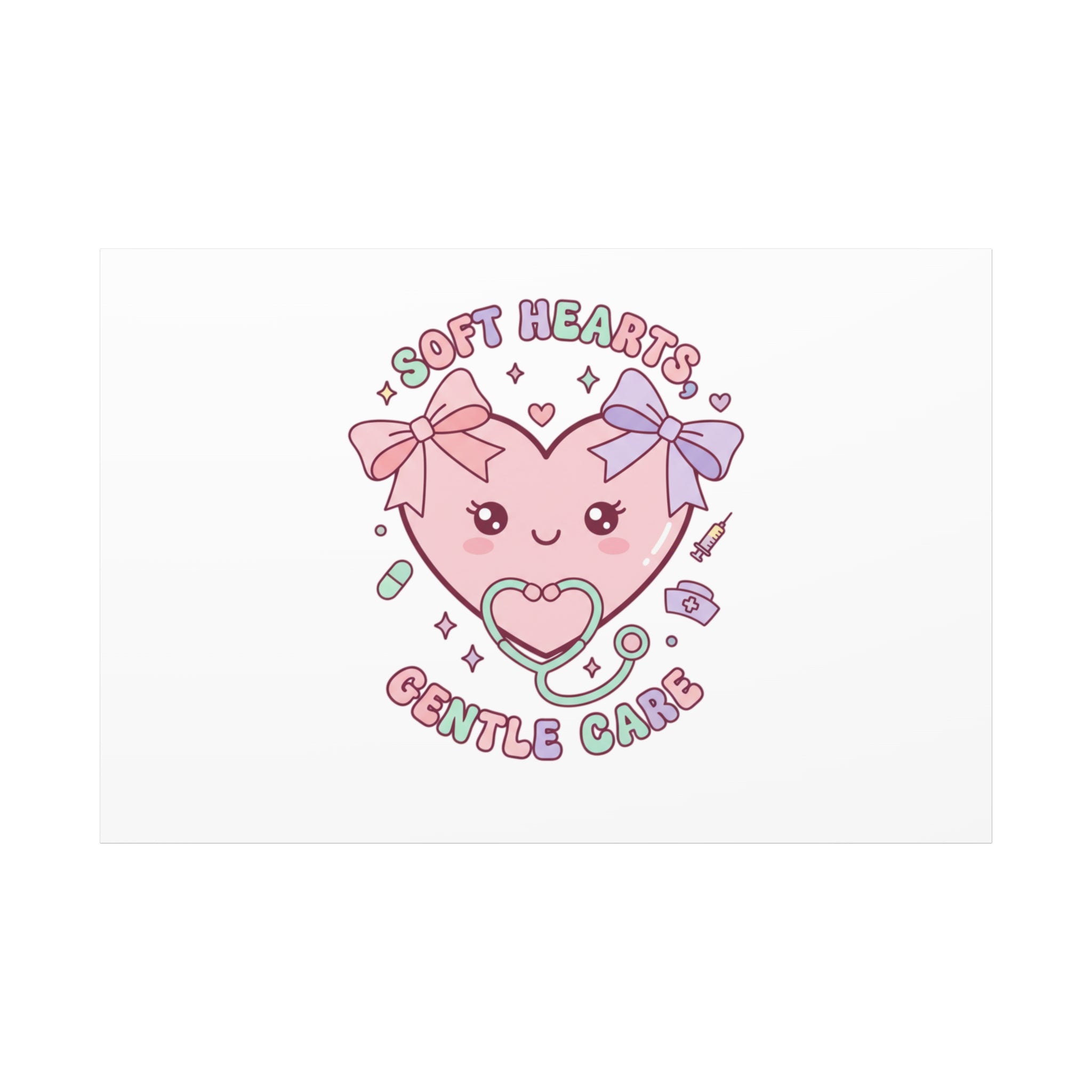 Soft Hearts Gentle Care Canvas, Cute Nurse Graphic | Pastel Coquette Medical Art 60" x 40" (Horizontal) 1.25"