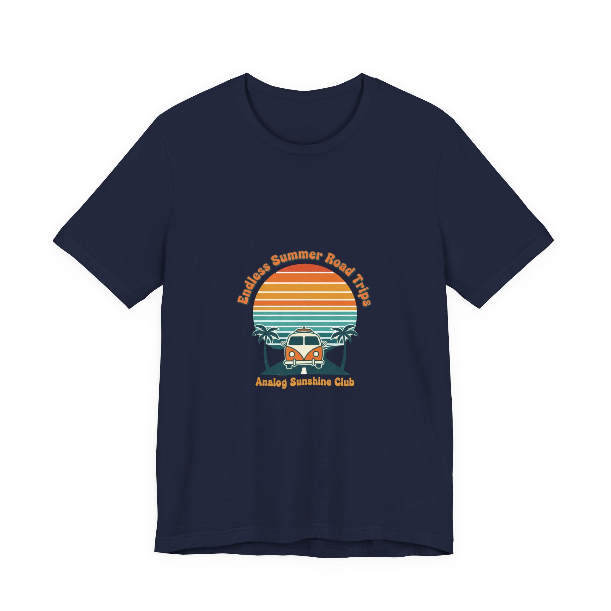Retro 70s Sunset Surf Graphic Tee | Vintage Palm Golden Hour Postcard Navy