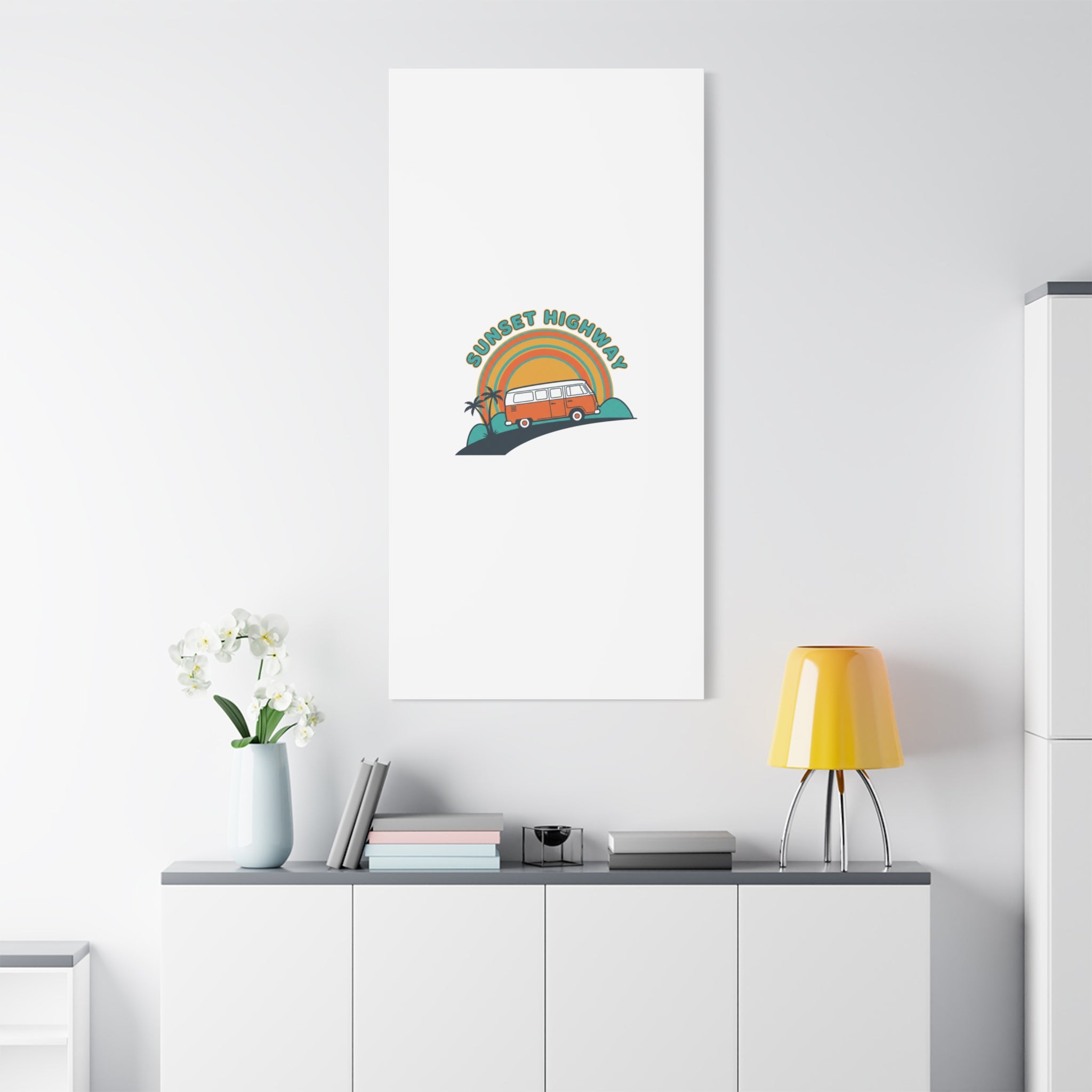 Sunset Highway Van Canvas | 1970s Retro Surf, Vintage Palm Poster 36" x 36" 1.25"