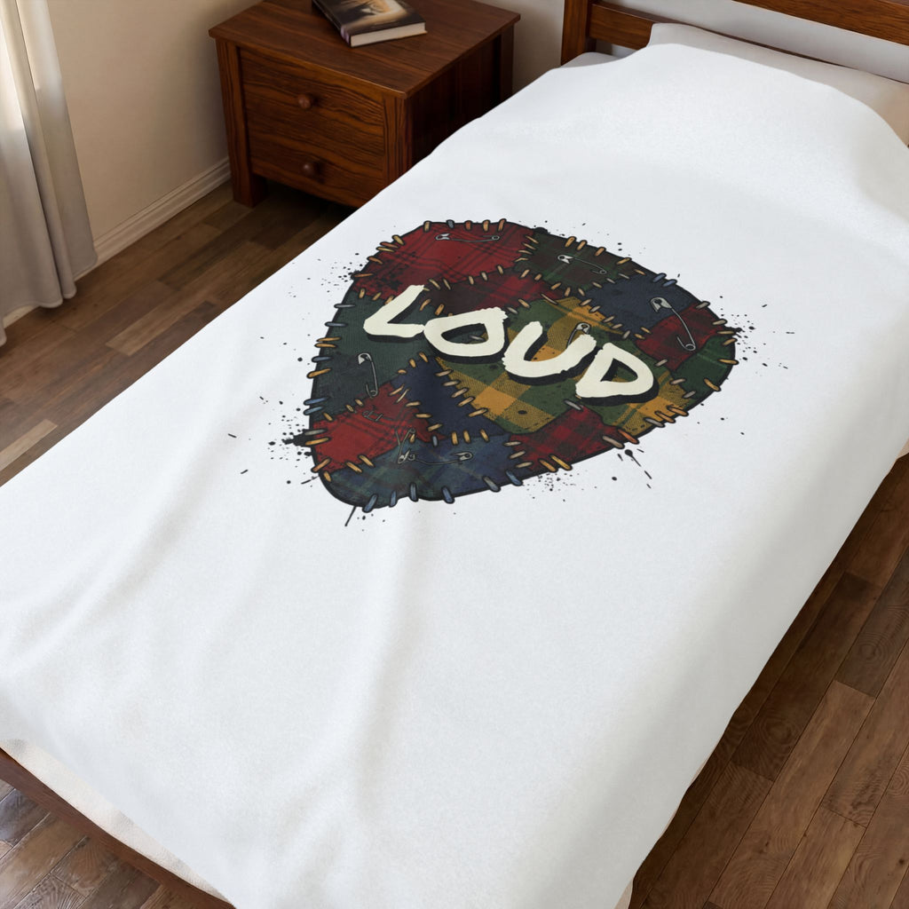 Plaid Patchwork 'Loud' Guitar Pick Velveteen Plush Blanket | Grunge Revival, 90s Flannel Aesthetic