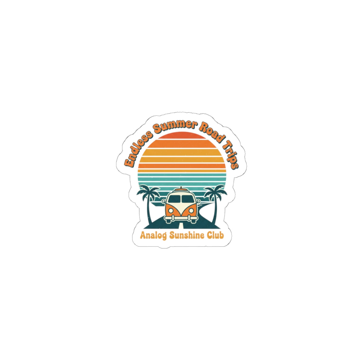 Retro VW Camper Sunset Sticker | 70s sunset, vintage palm postcard 6" × 6" White