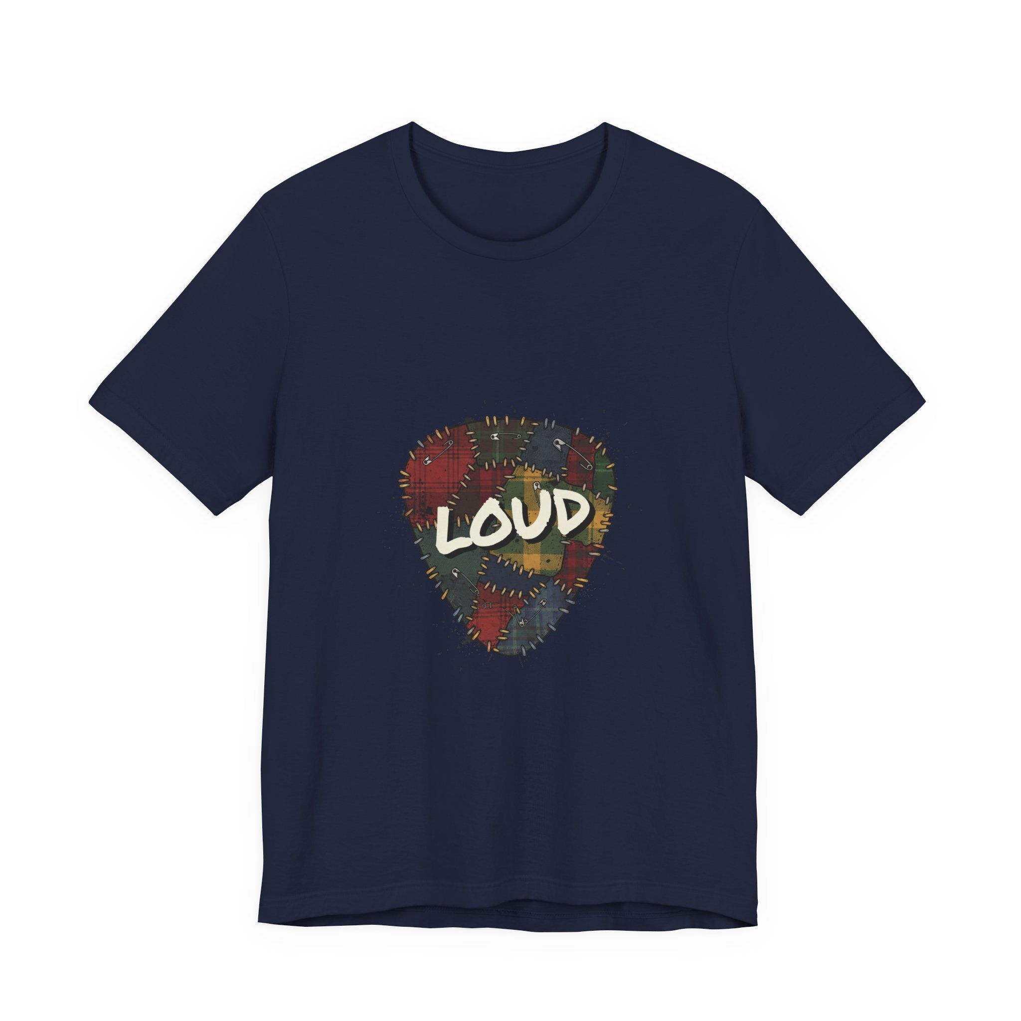 Loud Plaid Patchwork Guitar Pick Tee | Grunge Shirt, 90s Rock Revival Navy