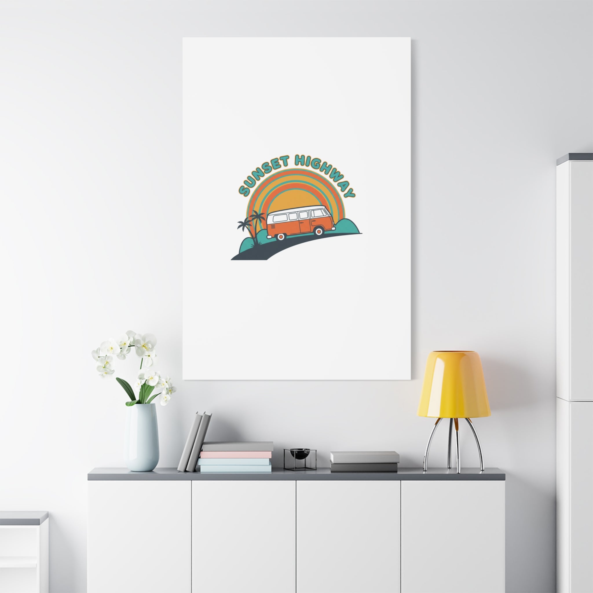 Sunset Highway Van Canvas | 1970s Retro Surf, Vintage Palm Poster 36" x 36" 1.25"